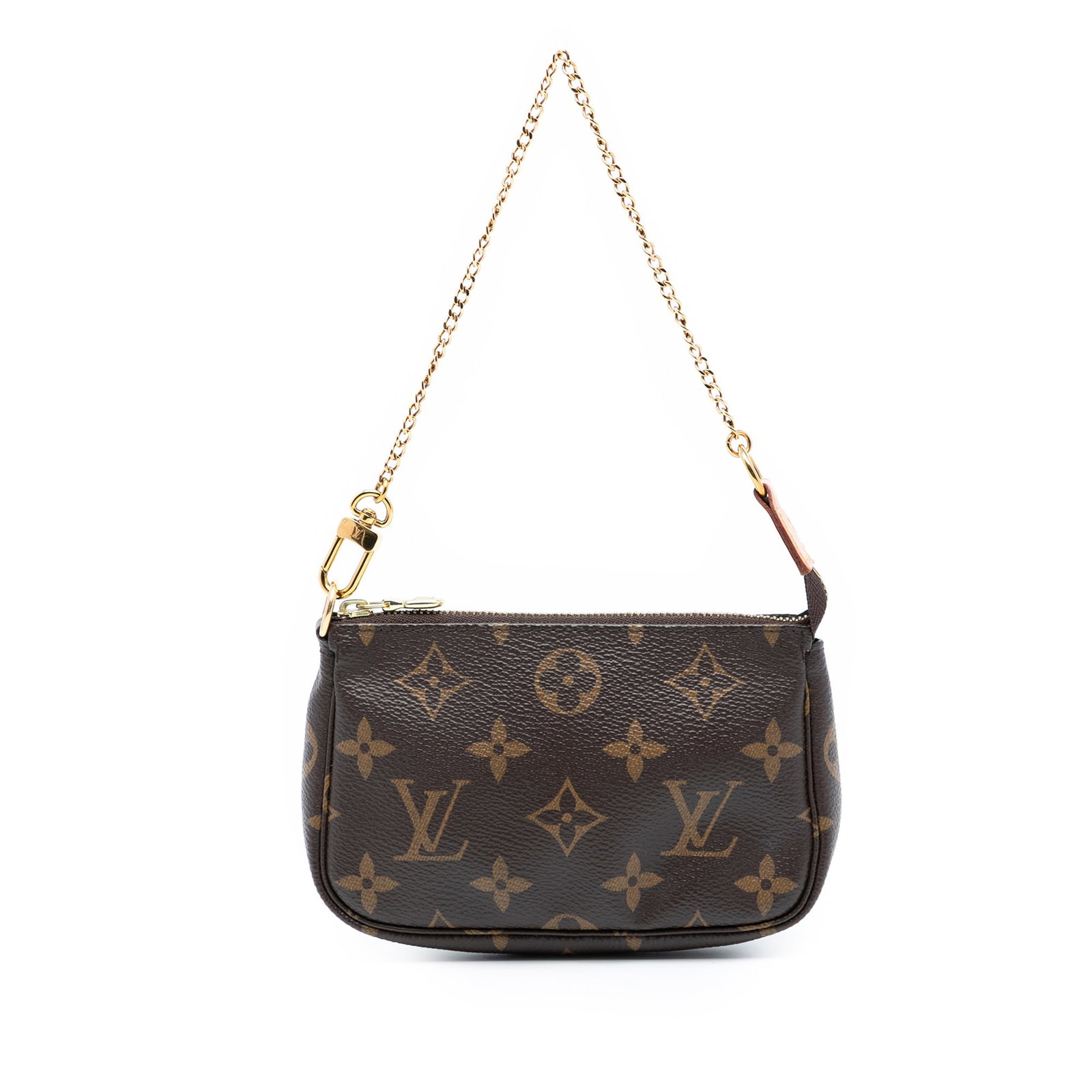 Louis Vuitton Brown Monogram Mini Pochette Chain Strap Bag: Louis Vuitton Brown Monogram Mini Pochette Chain Strap Bag This Louis Vuitton Mini Pochette Accessoires features the iconic monogram canvas body with a gold-tone chain strap and a secure top zip closu