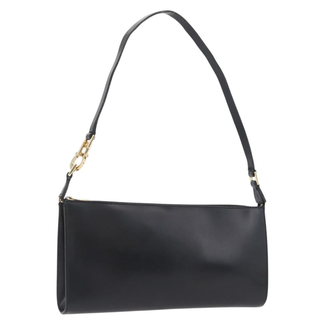 Salvatore Ferragamo Black Leather Shoulder Bag Gold Accents Italy: Salvatore Ferragamo Black Leather Shoulder Bag Gold Accents Italy This Salvatore Ferragamo shoulder bag features a black leather exterior with gold accents. Designed for women, it offers a compact sil