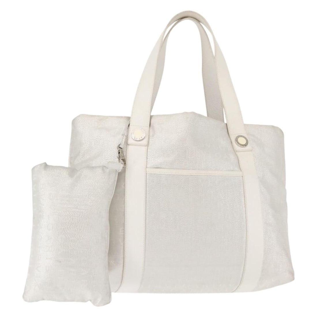 BVLGARI Logo Mania Silver White Canvas Tote Bag Made in Italy: BVLGARI Logo Mania Silver White Canvas Tote Bag Made in Italy This BVLGARI Logo Mania Tote Bag showcases a stylish blend of silver and white canvas, making it a chic accessory for any occasion. With d