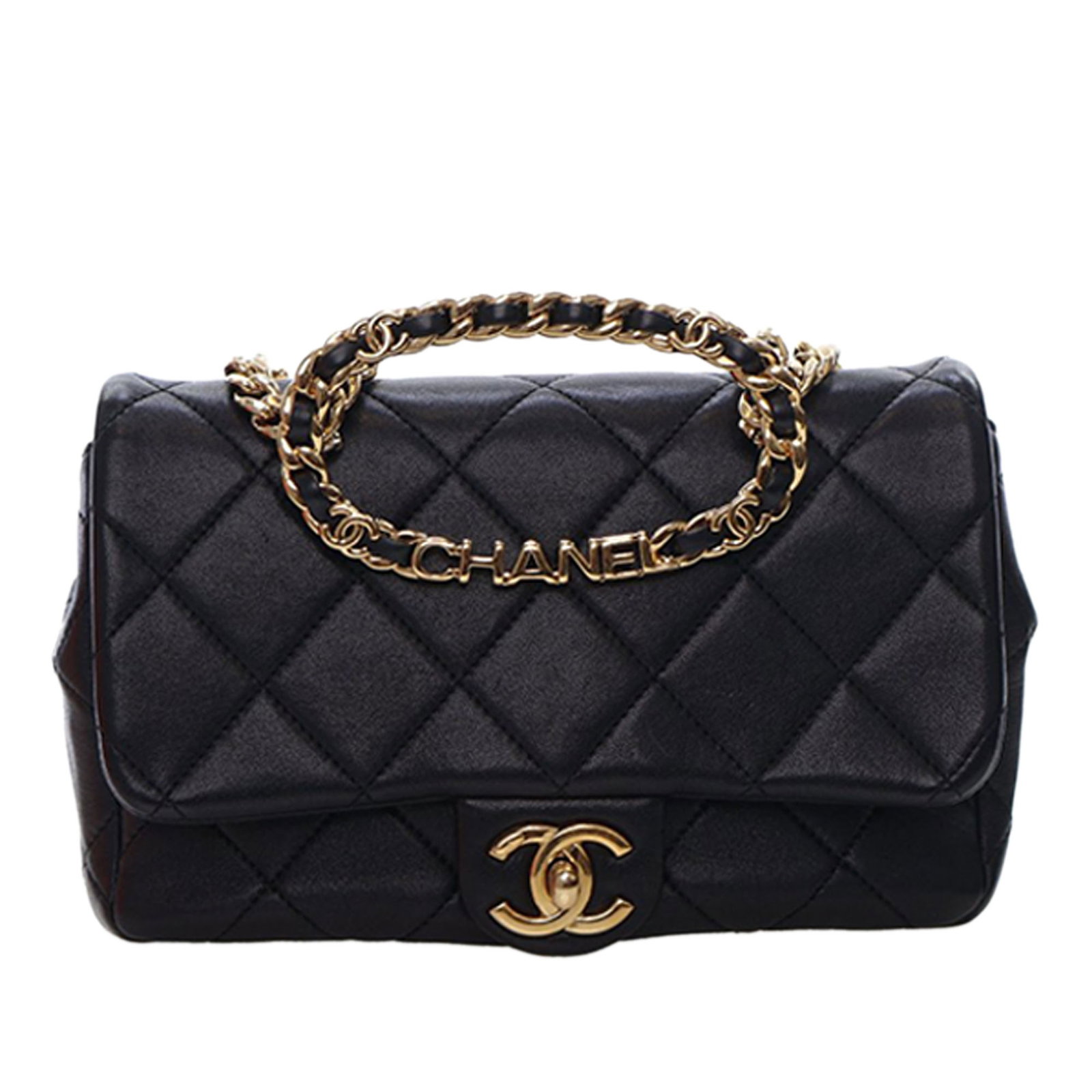 Chanel Black Lambskin Top Handle Small Quilted Flap Satchel Bag: Chanel Black Lambskin Top Handle Small Quilted Flap Satchel Bag This Chanel Small Quilted Lambskin Round Top Handle Flap satchel features a quilted lambskin leather body in black, complemented by a ro