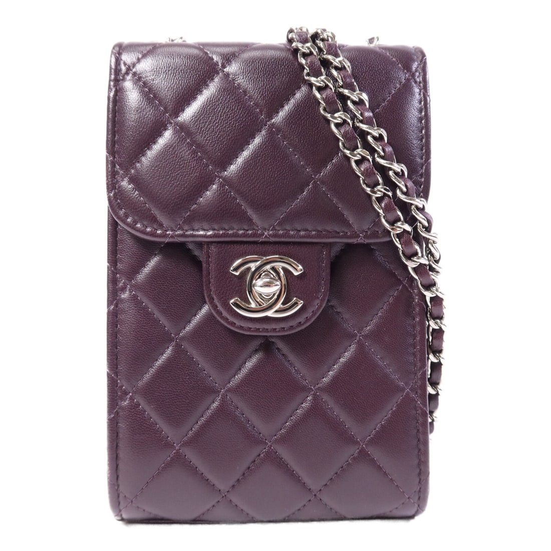 Chanel Purple Lambskin Phone Shoulder Bag with Chain Silver Hardware: Chanel Purple Lambskin Phone Shoulder Bag with Chain Silver Hardware This CHANEL CC shoulder bag is crafted from luxurious lambskin leather in a striking purple color. Designed for women, it features