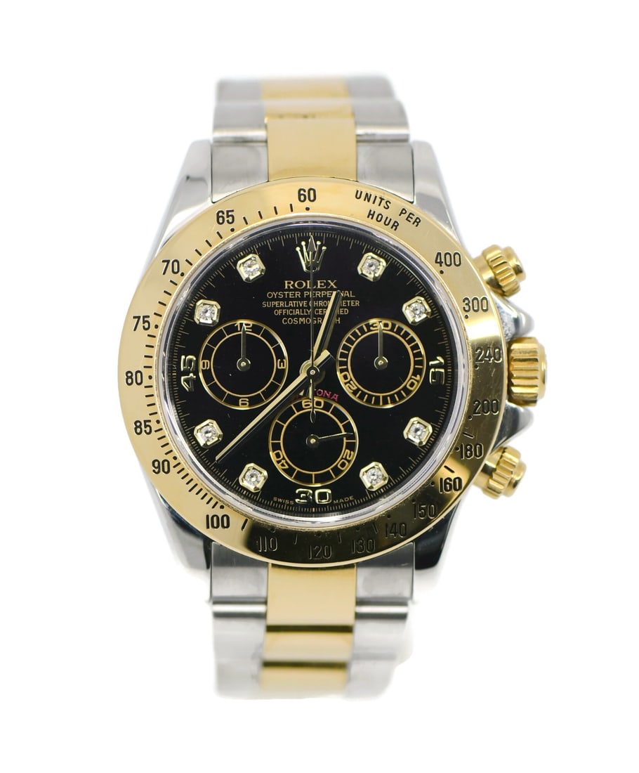 Daytona 116523 Black Diamond Dial 18K and Steel Rolex Wristwatch with Box: Daytona 116523 Black Diamond Dial 18K and Steel Rolex Wristwatch with Box This Rolex Daytona is a pre-owned luxury wristwatch featuring a 40 mm stainless steel case paired with 18K gold accents. The w