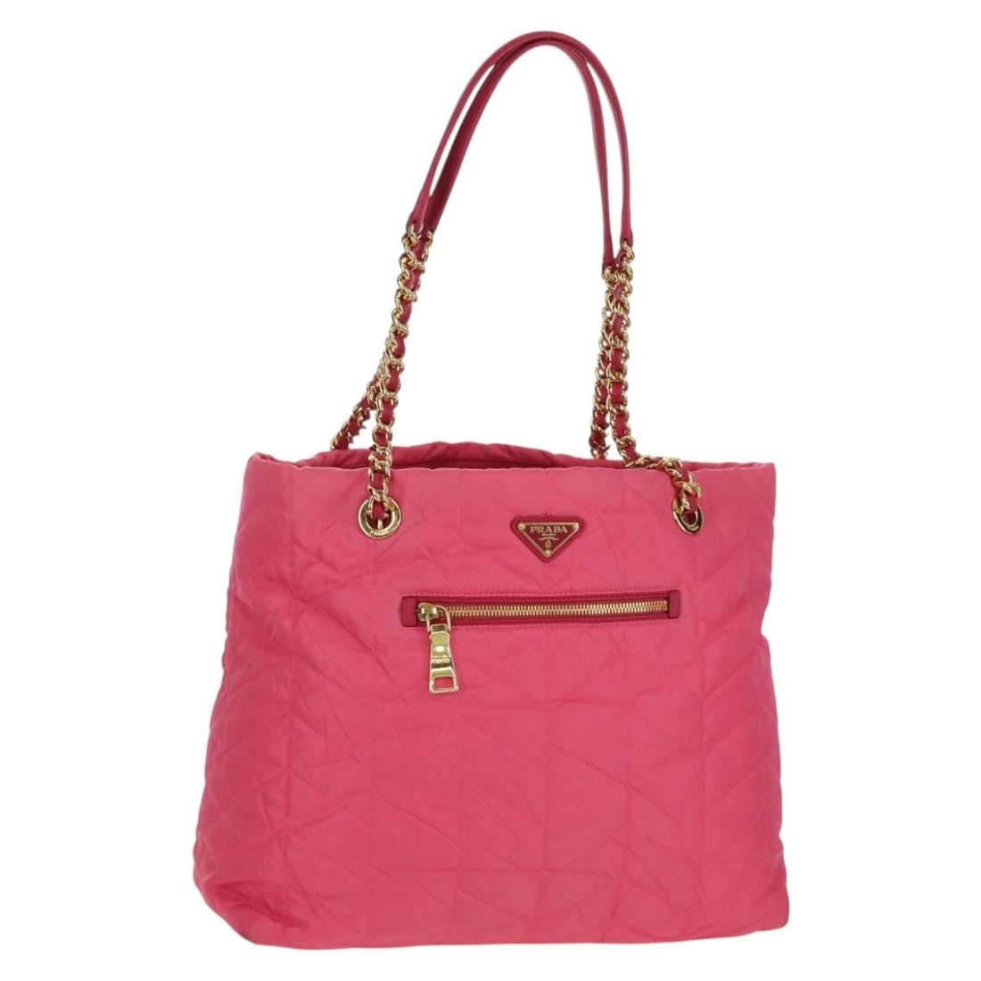 Prada Pink and Gold Nylon Tote with Chain Handles and Dust Bag: Prada Pink and Gold Nylon Tote with Chain Handles and Dust Bag This PRADA chain tote bag is crafted from durable nylon in a gold and pink color combination. Designed for women, it features a spacious