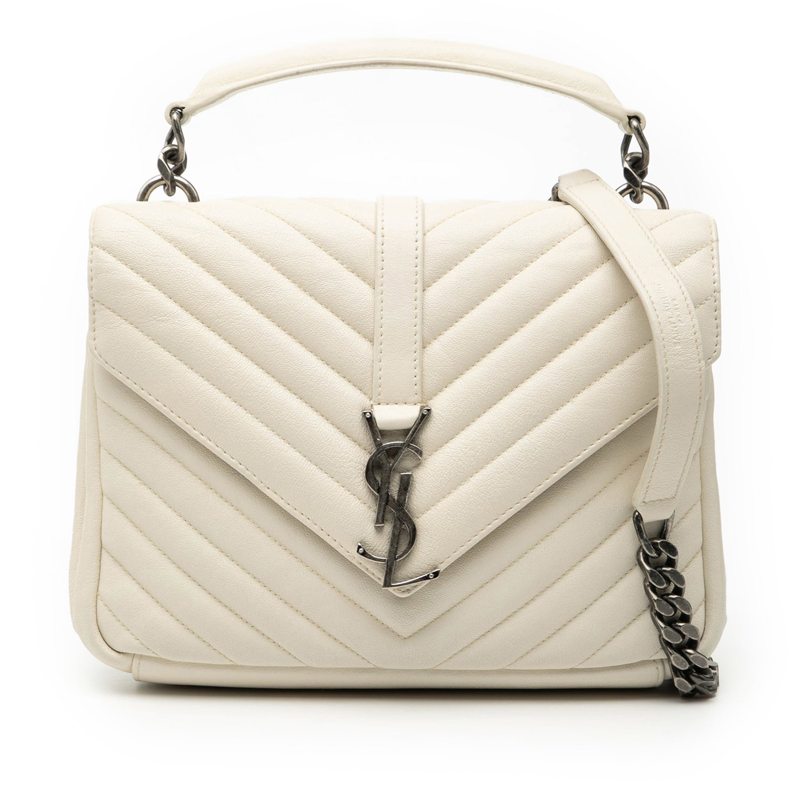 Saint Laurent College Quilted Leather Medium White Satchel with Chain Strap: Saint Laurent College Quilted Leather Medium White Satchel with Chain Strap This Saint Laurent Medium Chevron Sheepskin Monogram College Satchel features a quilted leather body with a classic chevron