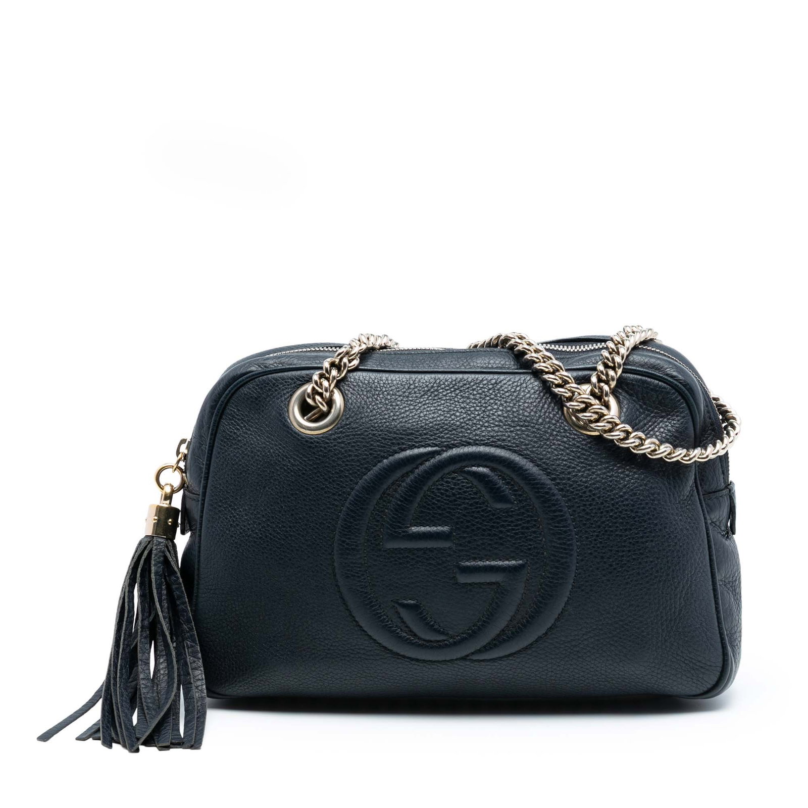 Gucci Soho Chain Shoulder Bag in Black Leather with Zip Closure: Gucci Soho Chain Shoulder Bag in Black Leather with Zip Closure This Gucci Soho shoulder bag showcases a black leather body with chain link shoulder straps and a top zip closure featuring a tassel zip