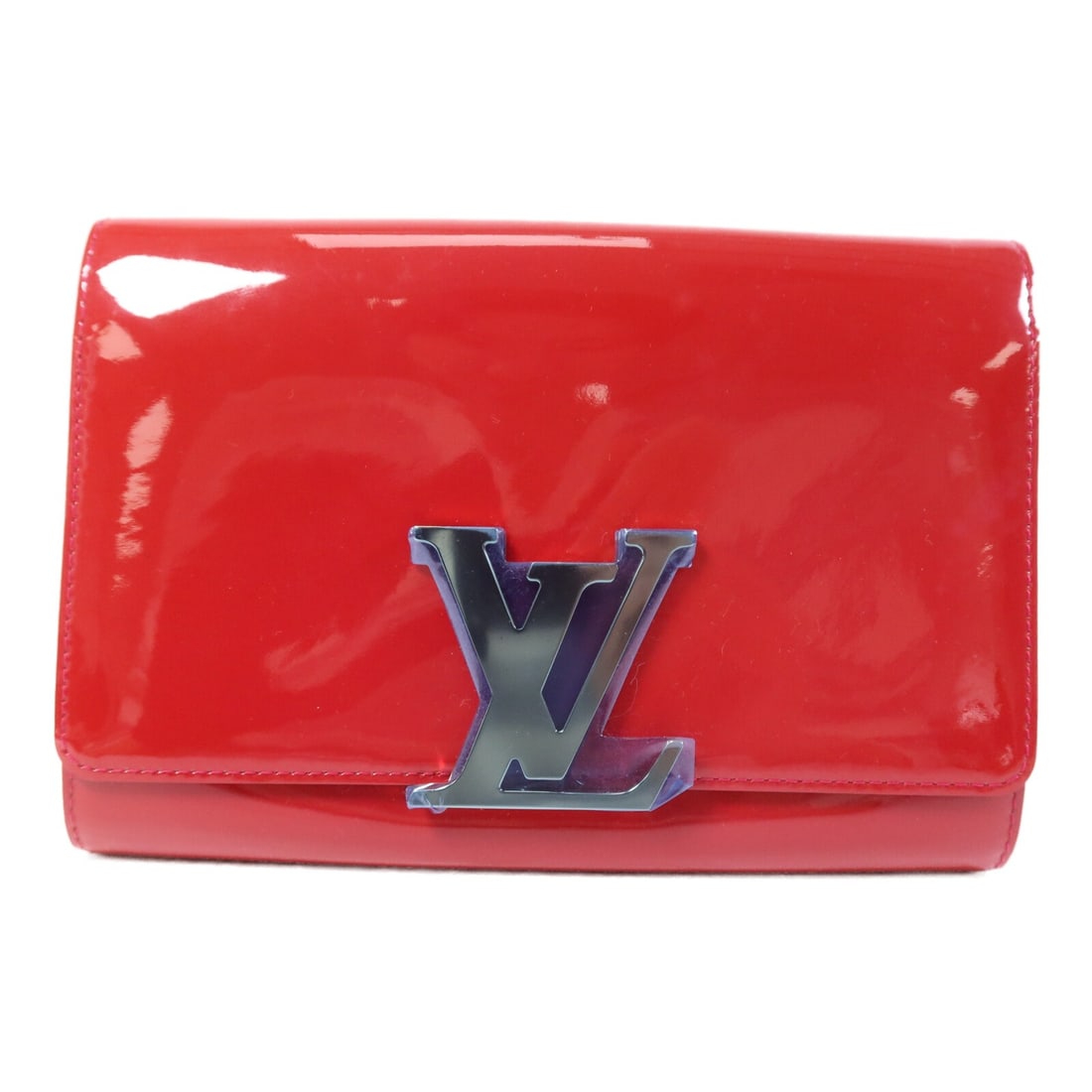 Rose Andian Monogram Vernis Louise EW Clutch by Louis Vuitton M94270: Rose Andian Monogram Vernis Louise EW Clutch by Louis Vuitton M94270 This Louis Vuitton Louise EW clutch bag features the Monogram Vernis patent leather in a striking red shade. It is accented with go