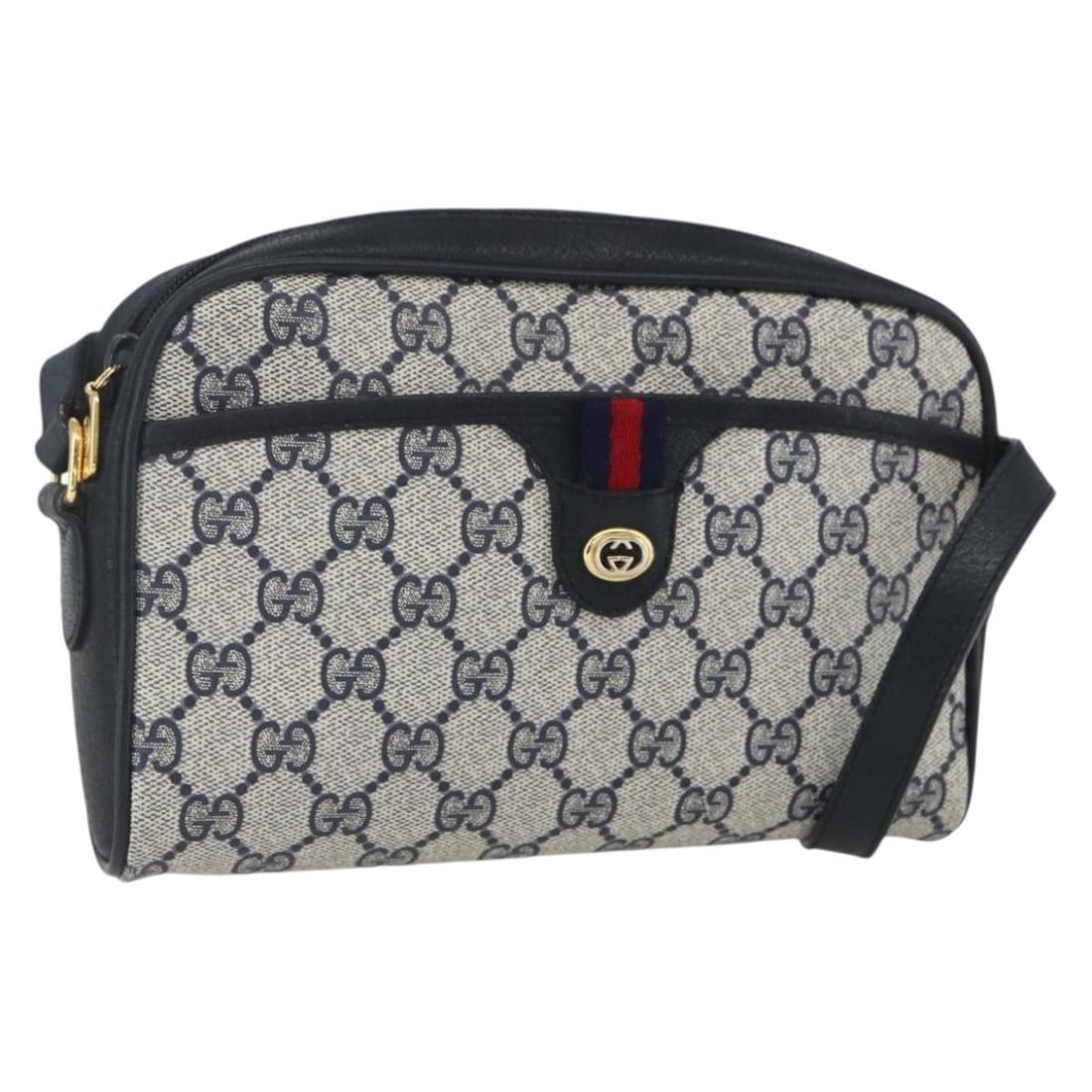 Gucci Navy GG Supreme Web Sherry Line PVC Shoulder Bag 116 02 089: Gucci Navy GG Supreme Web Sherry Line PVC Shoulder Bag 116 02 089 This is a GUCCI GG Supreme Web Sherry Line shoulder bag crafted from navy and gold PVC leather and GG canvas. The bag features a class