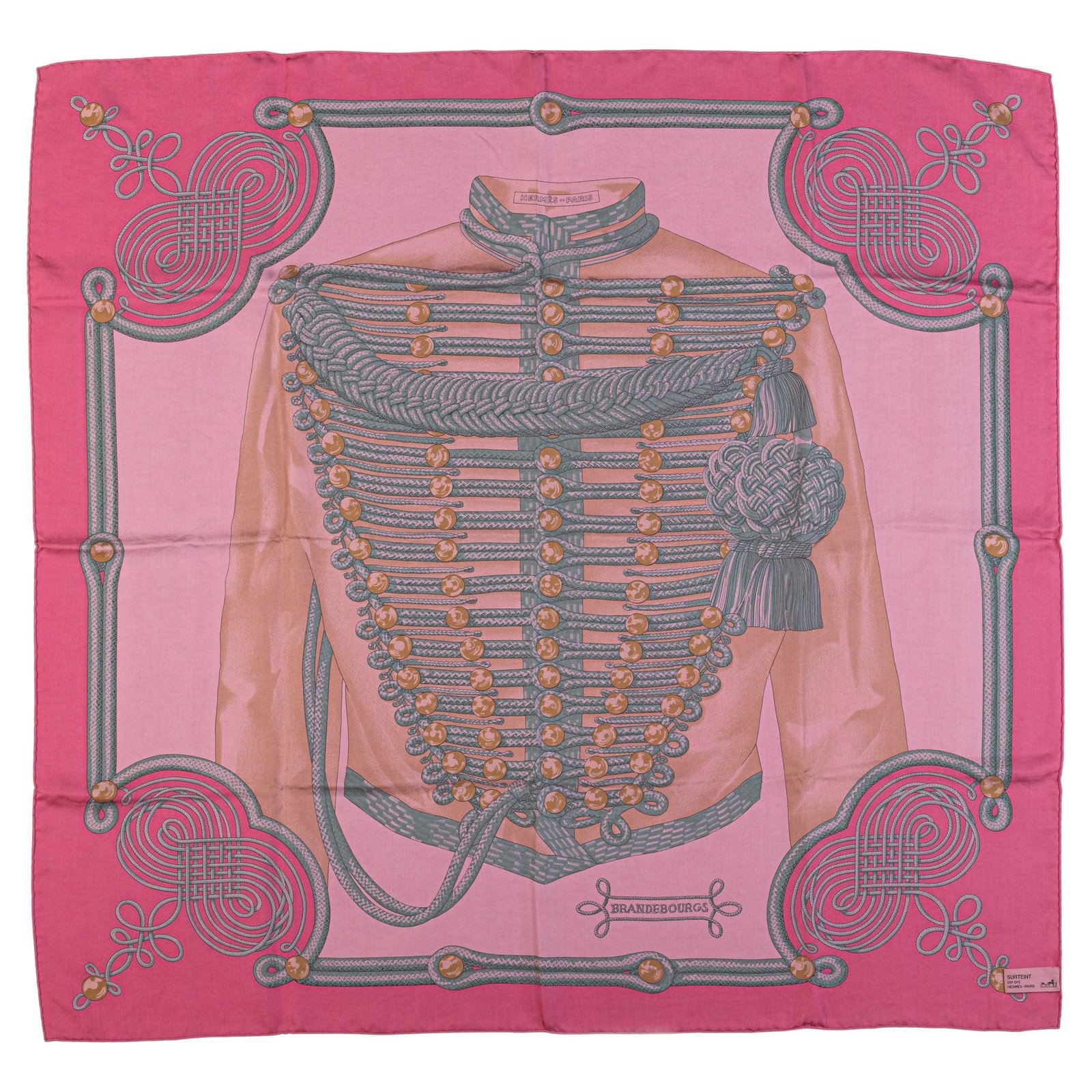 Hermes Brandebourgs Pink Washed Silk Scarf 35 in France: Hermes Brandebourgs Pink Washed Silk Scarf 35 in France Elevate your accessory collection with this exquisite Hermes Brandebourgs Wasked Silk Scarf. This collectible piece features a lovely pink hue,