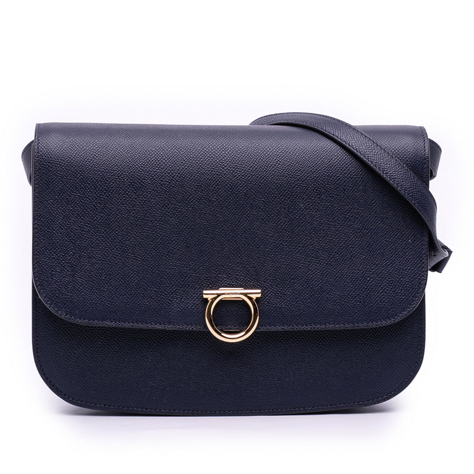 Blue Leather Gancini Crossbody Bag by Ferragamo with Flip Lock Flap: Blue Leather Gancini Crossbody Bag by Ferragamo with Flip Lock Flap This Ferragamo Leather Gancini Flap Crossbody bag features a blue leather body with a flat leather shoulder strap and a front flap s