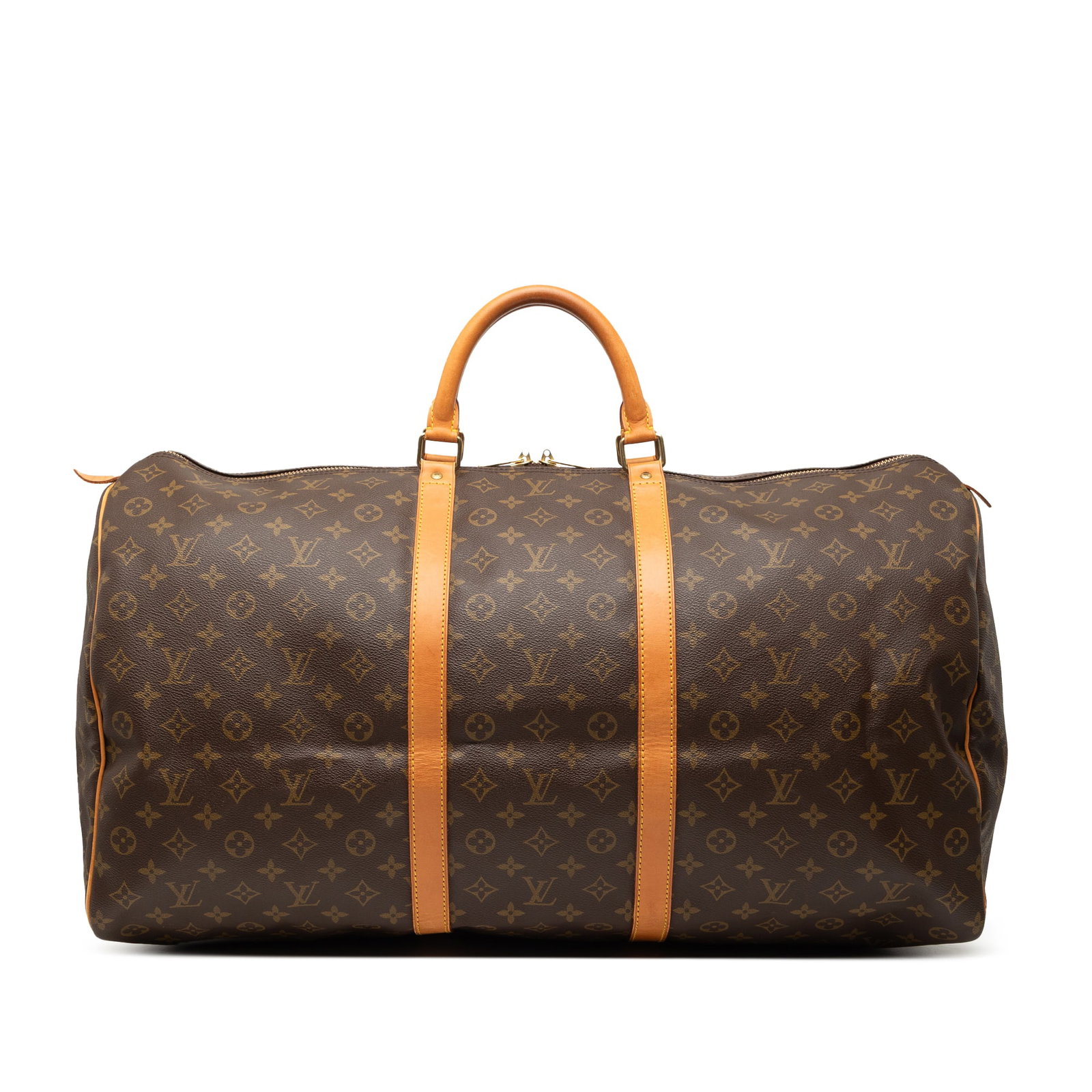 Louis Vuitton Keepall 60 Travel Bag Monogram Canvas with Vachetta Leather Trim: Louis Vuitton Keepall 60 Travel Bag Monogram Canvas with Vachetta Leather Trim The Louis Vuitton Monogram Keepall 60 is crafted from signature monogram canvas with vachetta leather trim and rolled vac