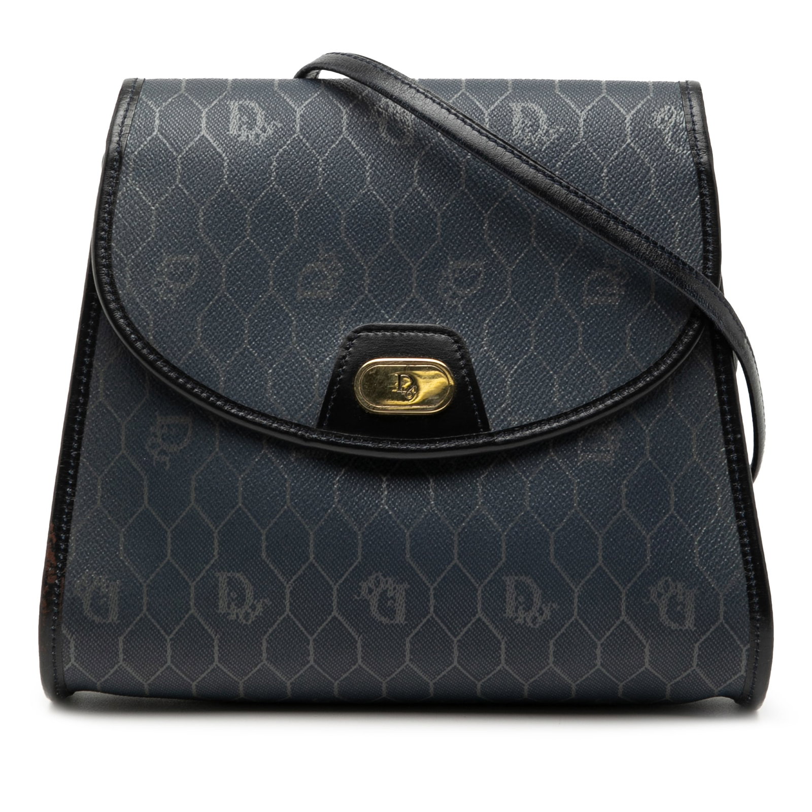 Dior Blue Honeycomb Pattern Coated Canvas Crossbody Bag with Leather Trim: Dior Blue Honeycomb Pattern Coated Canvas Crossbody Bag with Leather Trim This Dior Honeycomb crossbody bag features a blue coated canvas body with leather trim, a flat leather strap, and a front flap