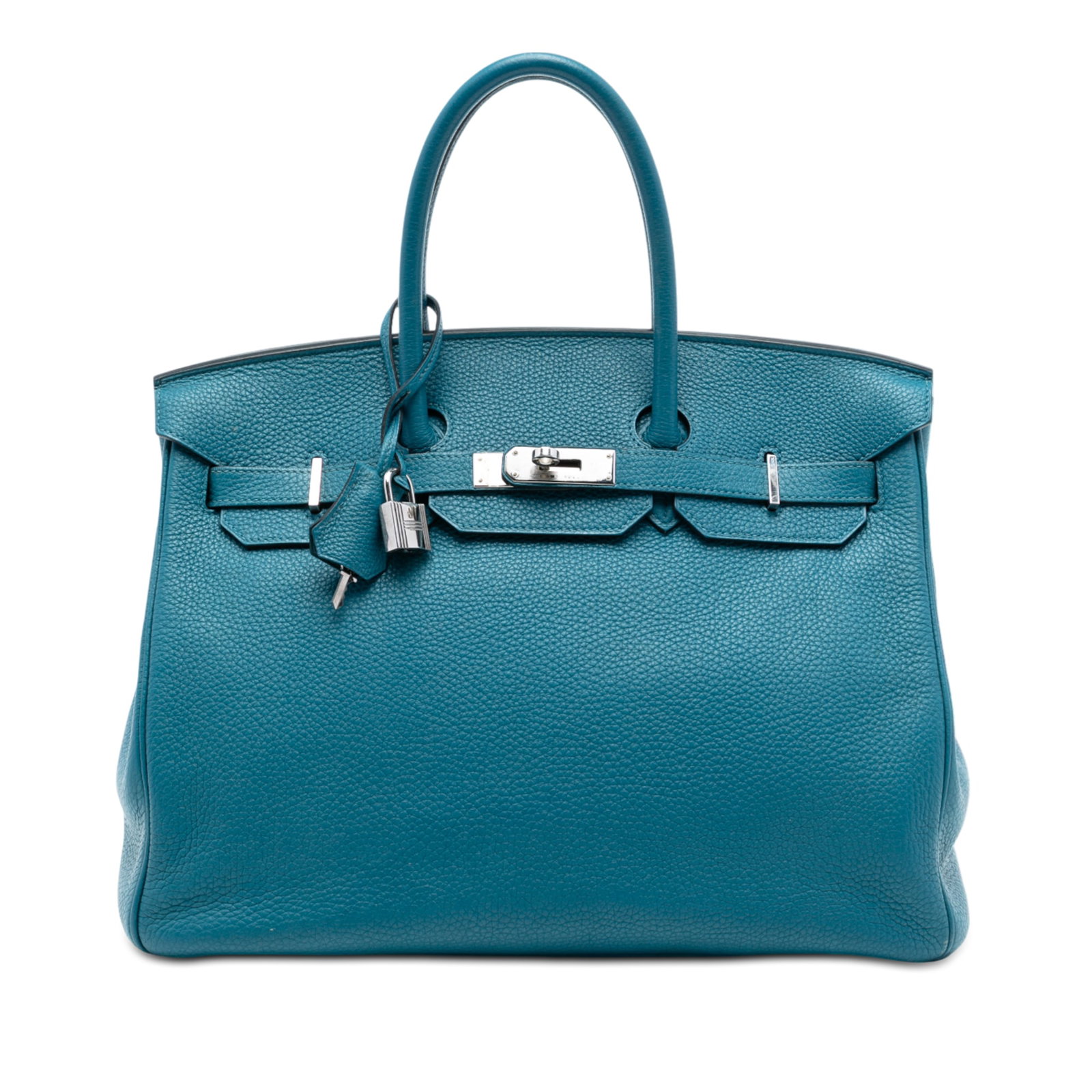 Blue Izmir Clemence Leather Birkin 35 Tote Bag by Hermes: Blue Izmir Clemence Leather Birkin 35 Tote Bag by Hermes The Hermes Clemence Birkin Retourne 35 is crafted from Blue Izmir Clemence leather and features rolled leather handles, a front flap with turn-