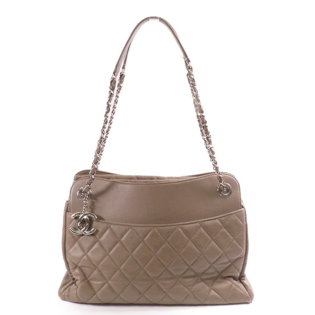 CHANEL Grey Calfskin Leather Shoulder Bag with Chain: CHANEL Grey Calfskin Leather Shoulder Bag with Chain This elegant CHANEL Shoulder Bag is crafted from luxurious calfskin leather in a sophisticated gray color. Designed for versatile wear, it features