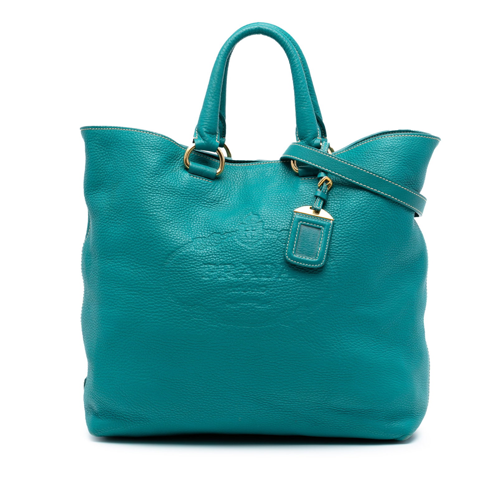 Prada Vitello Daino Canapa Convertible Tote in Blue Leather (1 of 7)