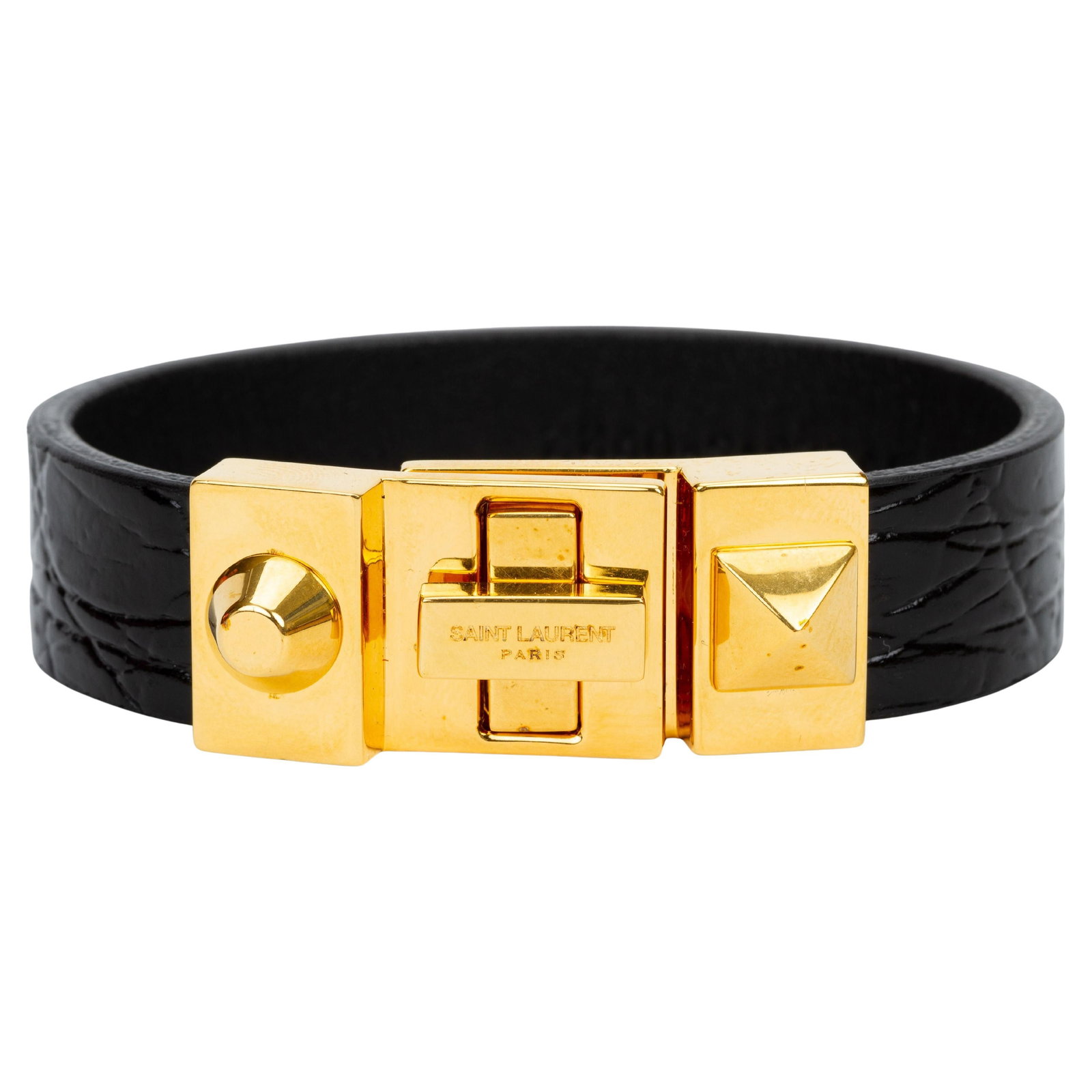 YSL Le Carre Leather Bracelet Black Gold Hardware New: YSL Le Carre Leather Bracelet Black Gold Hardware New This exquisite YSL Le Carre Leather Bracelet is a stunning accessory crafted from embossed croc leather in classic black, complemented by elegant