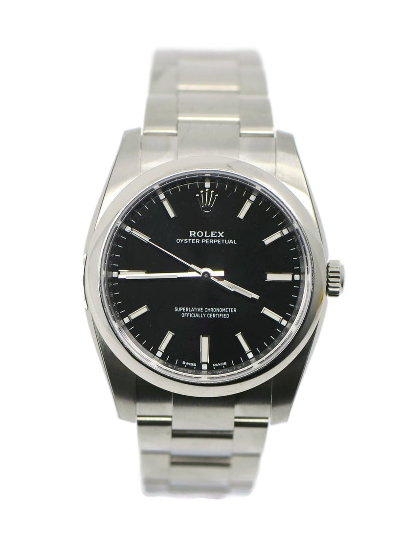 Rolex Oyster Perpetual 114200 Automatic Steel Wristwatch 34mm Black Dial 2020 Box Papers: Rolex Oyster Perpetual 114200 Automatic Steel Wristwatch 34mm Black Dial 2020 Box Papers This Rolex Oyster Perpetual wristwatch features a 34 mm stainless steel case and matching stainless steel band.