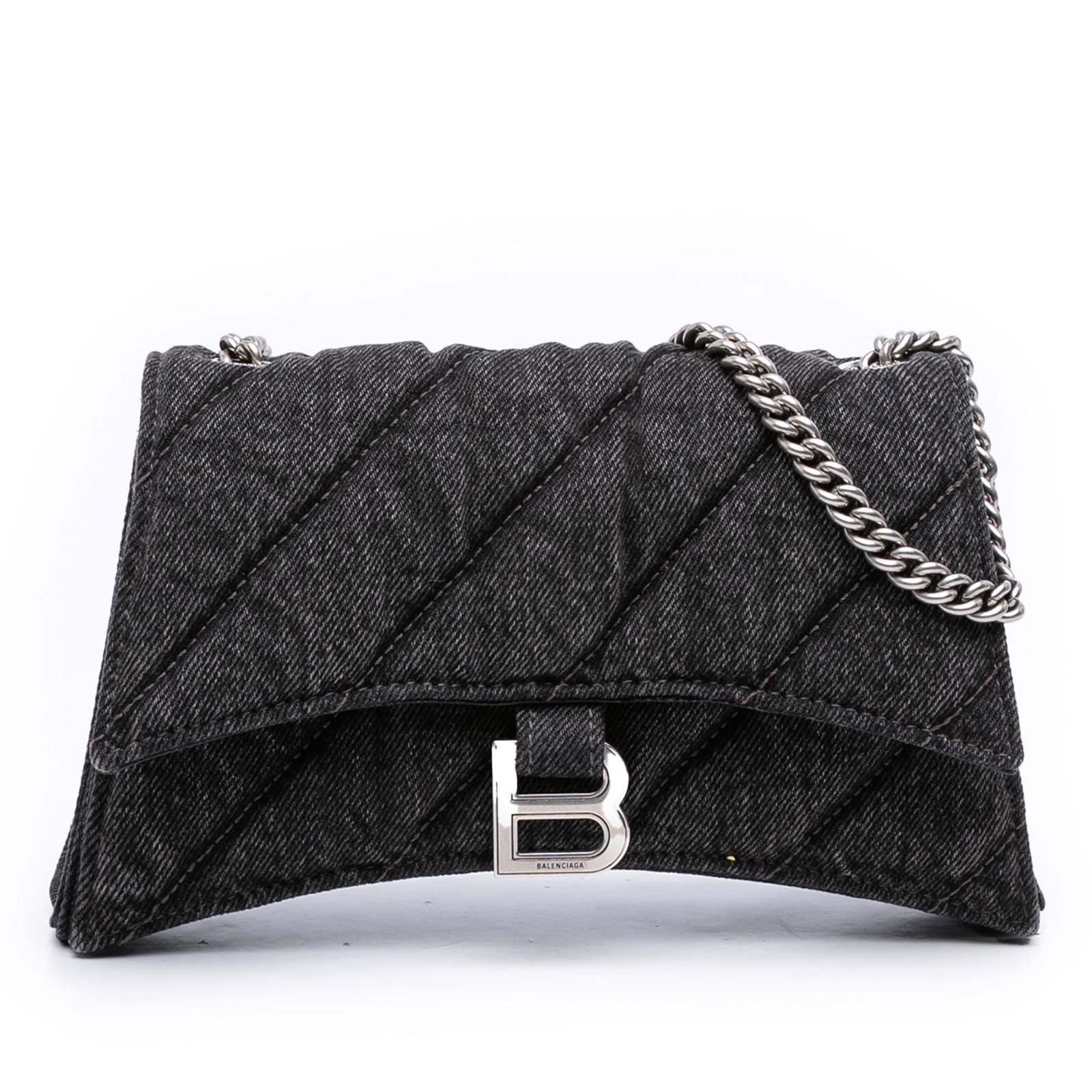 Balenciaga Crush XS Quilted Denim Chain Strap Crossbody Bag: Balenciaga Crush XS Quilted Denim Chain Strap Crossbody Bag This Balenciaga XS Denim Crush Chain Crossbody features a quilted gray denim body with chain link straps and a front flap secured by a magne
