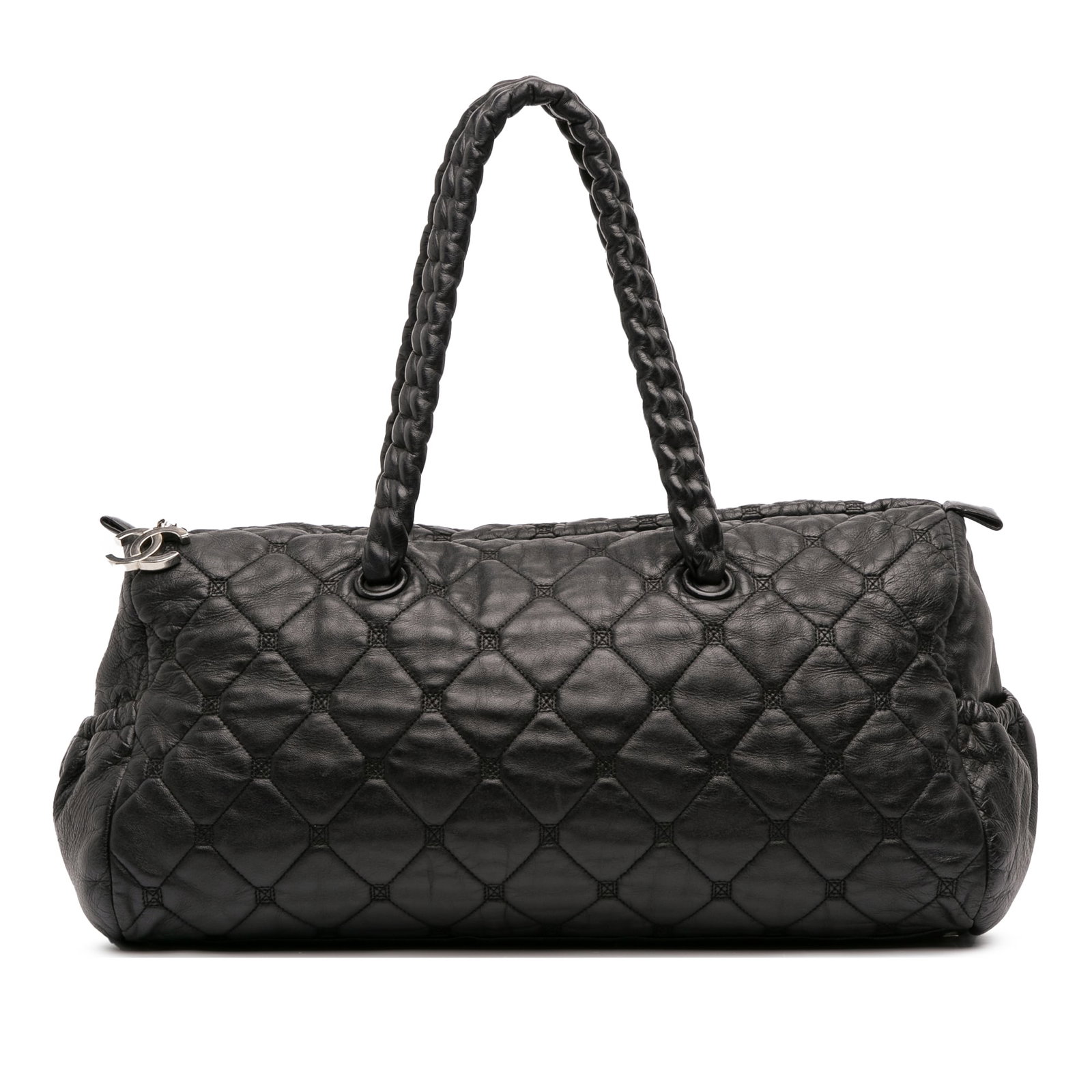 Chanel Black Quilted Lambskin Hidden Chain Bowler Bag: Chanel Black Quilted Lambskin Hidden Chain Bowler Bag Elevate your accessory collection with this Chanel Quilted Lambskin Hidden Chain Bowler Bag. Crafted from premium quilted leather, this stylish ha