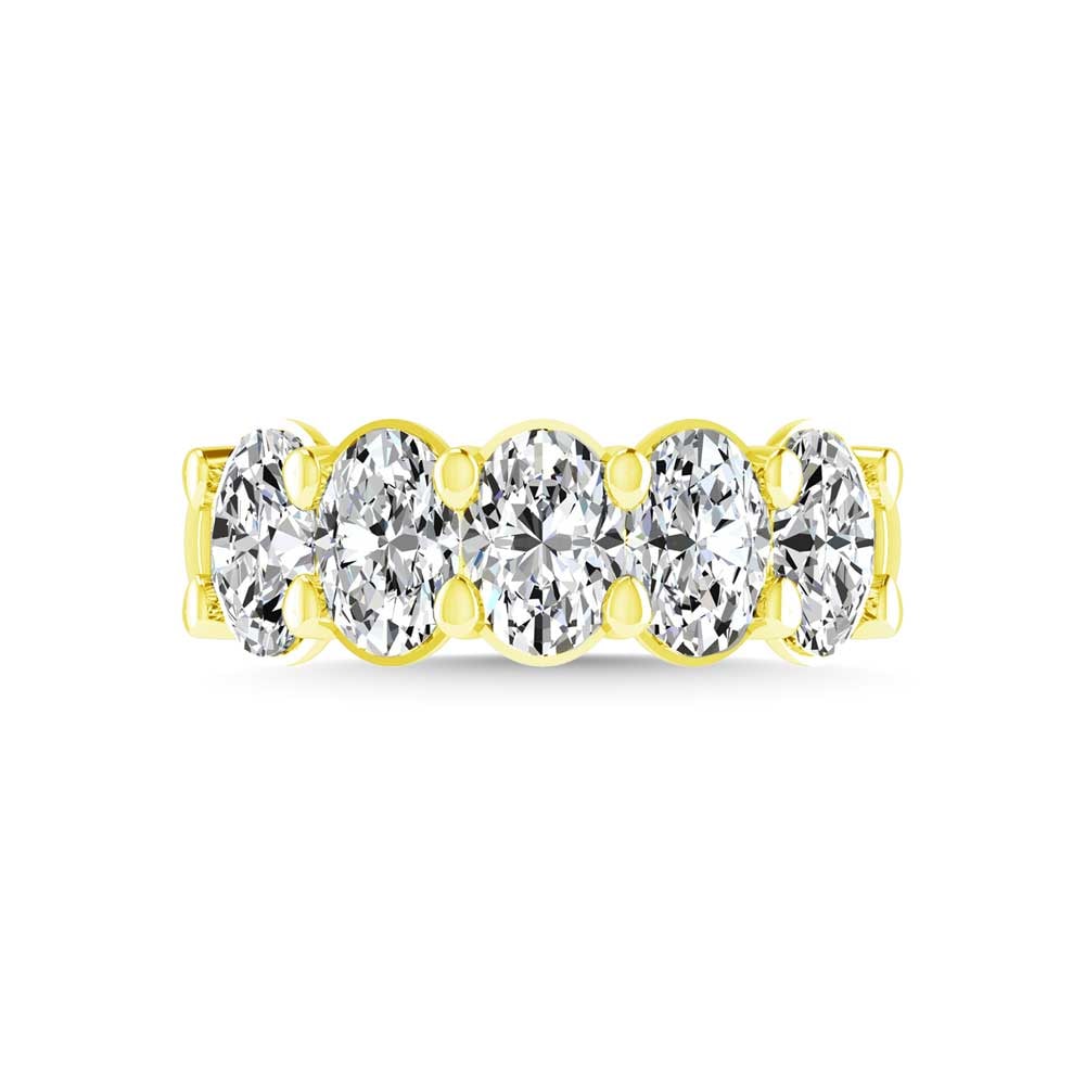 18K Yellow Gold 2 5/8 CT Tw. Oval Shape Diamond Five Stone Anniversary Band: 18K Yellow Gold 2 5/8 CT Tw. Oval Shape Diamond Five Stone Anniversary Band 18k Yellow Gold Stone Color: G-h Stone Clarity: Si Each ring is presented in standard size 6.5. Complimentary resizing is av