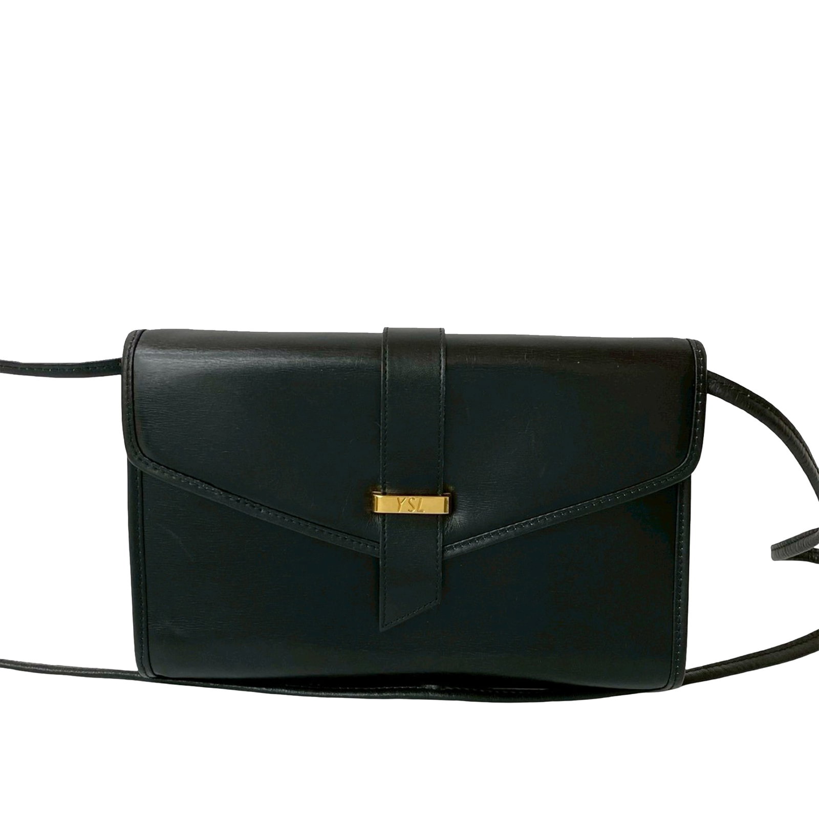 Saint Laurent Black Leather Envelope Flap Crossbody Bag: Saint Laurent Black Leather Envelope Flap Crossbody Bag This Saint Laurent Leather Envelope Crossbody features a black leather body with a front flap and snap closure, complemented by a flat leather s