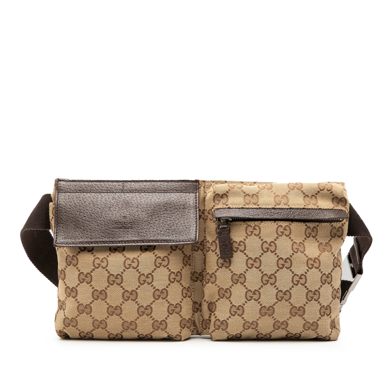 Brown GG Canvas Waist Bag with Dual Pockets by Gucci: Brown GG Canvas Waist Bag with Dual Pockets by Gucci This Gucci GG Canvas Double Pocket Belt Bag features a brown canvas body with leather trim, an adjustable flat waist strap, exterior front flap and