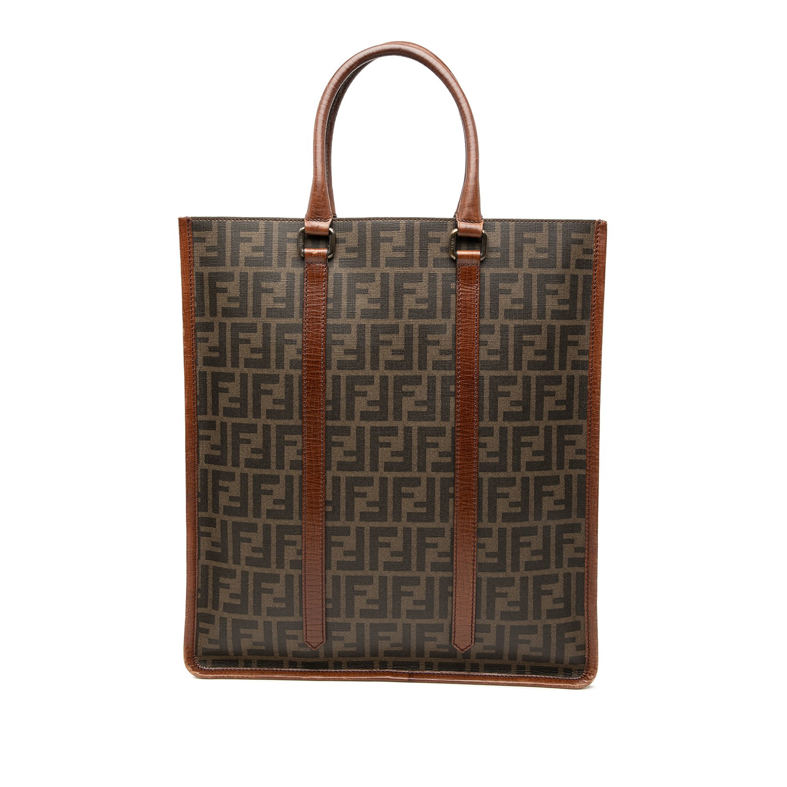 Brown Coated Canvas Fendi Zucca Vertical Tote with Leather Handles: Brown Coated Canvas Fendi Zucca Vertical Tote with Leather Handles This Fendi Zucca Coated Canvas Vertical Tote features a durable coated canvas body with leather trim, rolled leather handles, an open