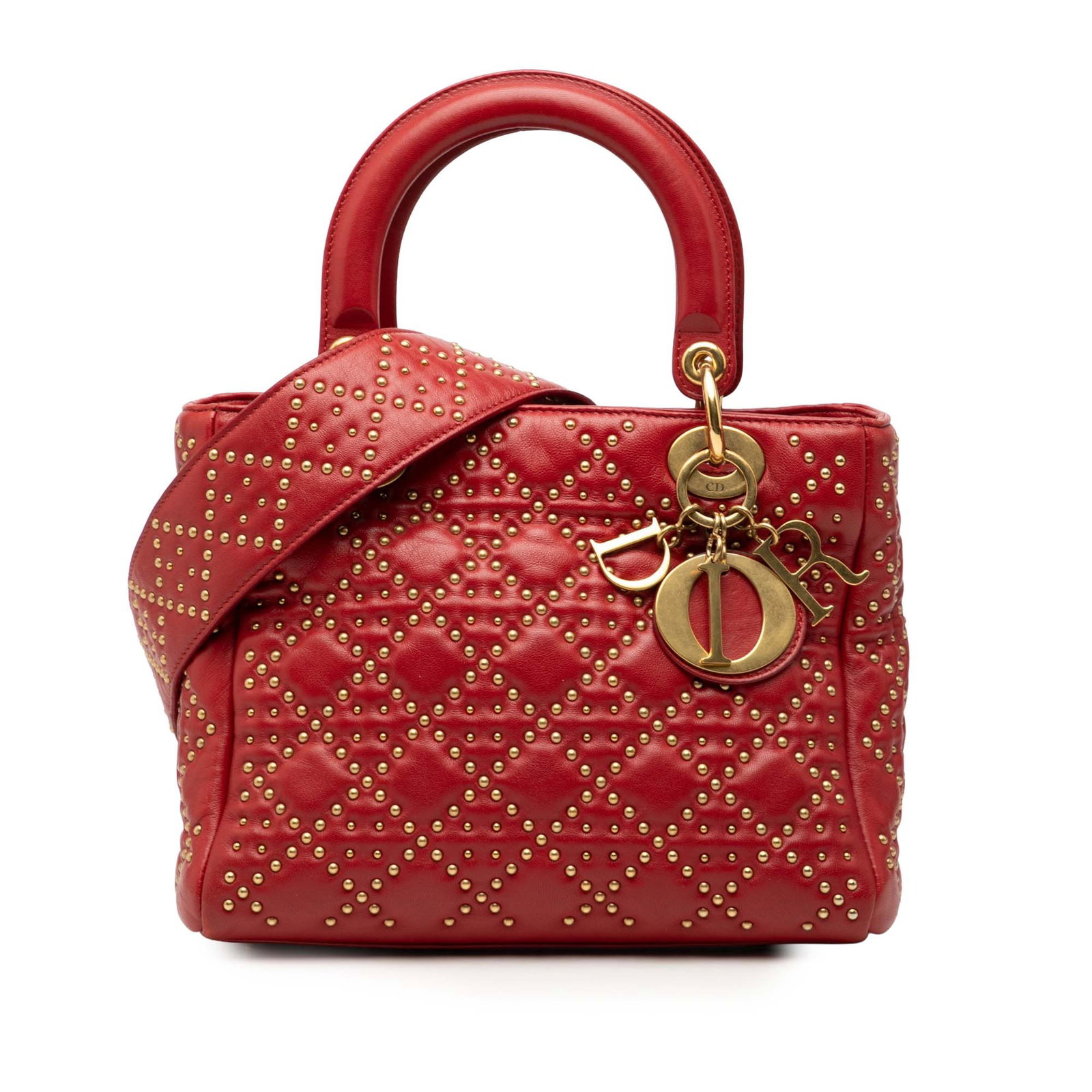 Dior Lady Dior Medium Red Lambskin Cannage Studded Handbag with Strap: Dior Lady Dior Medium Red Lambskin Cannage Studded Handbag with Strap This Medium Lady Dior handbag features a red studded lambskin leather exterior with flat top handles and a detachable flat leather
