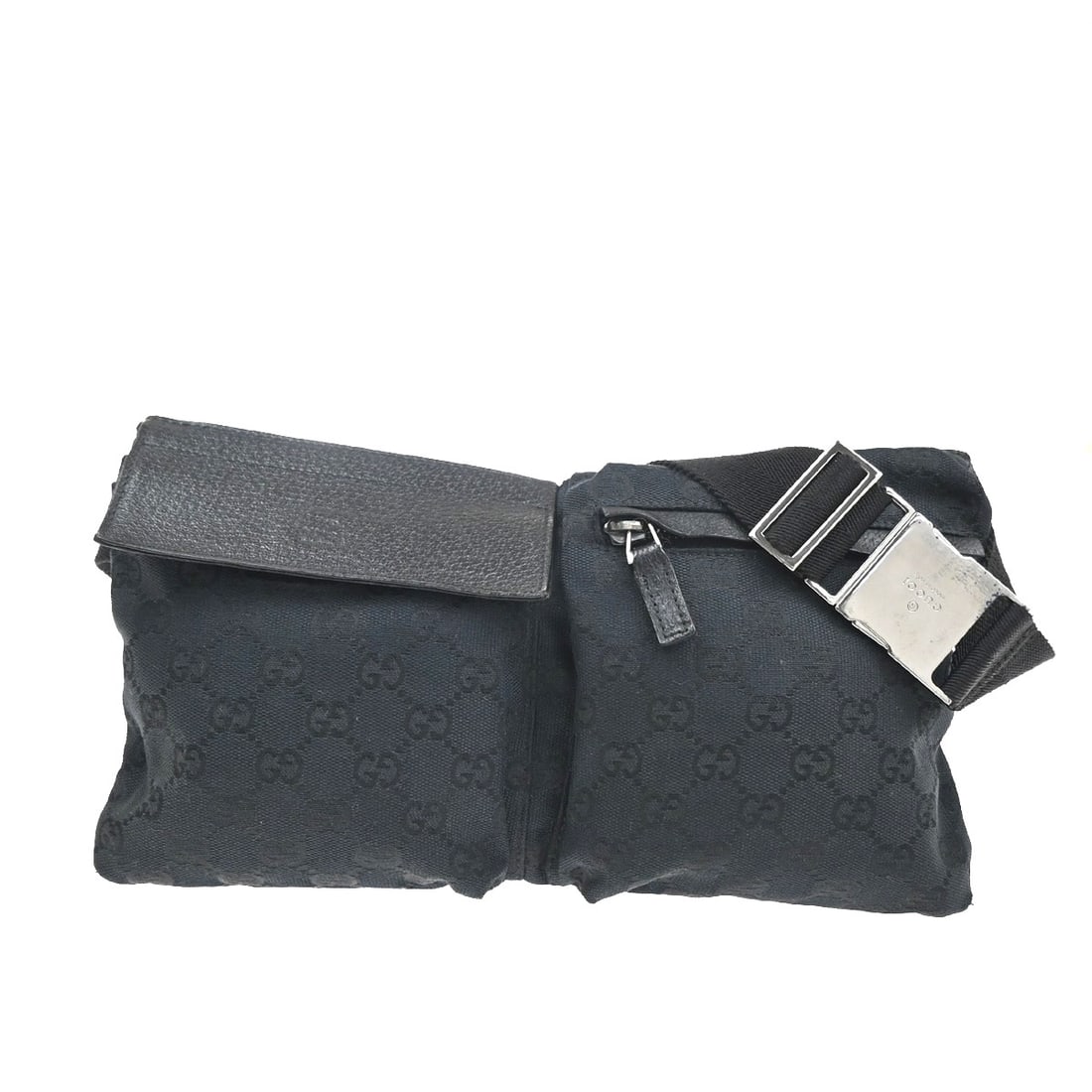 Black Canvas Vintage Double Belt Bag by Gucci Unisex: Black Canvas Vintage Double Belt Bag by Gucci Unisex This Gucci Vintage Double Belt Bag is crafted from black GG canvas with leather accents. Designed for unisex use, it offers a stylish and practical