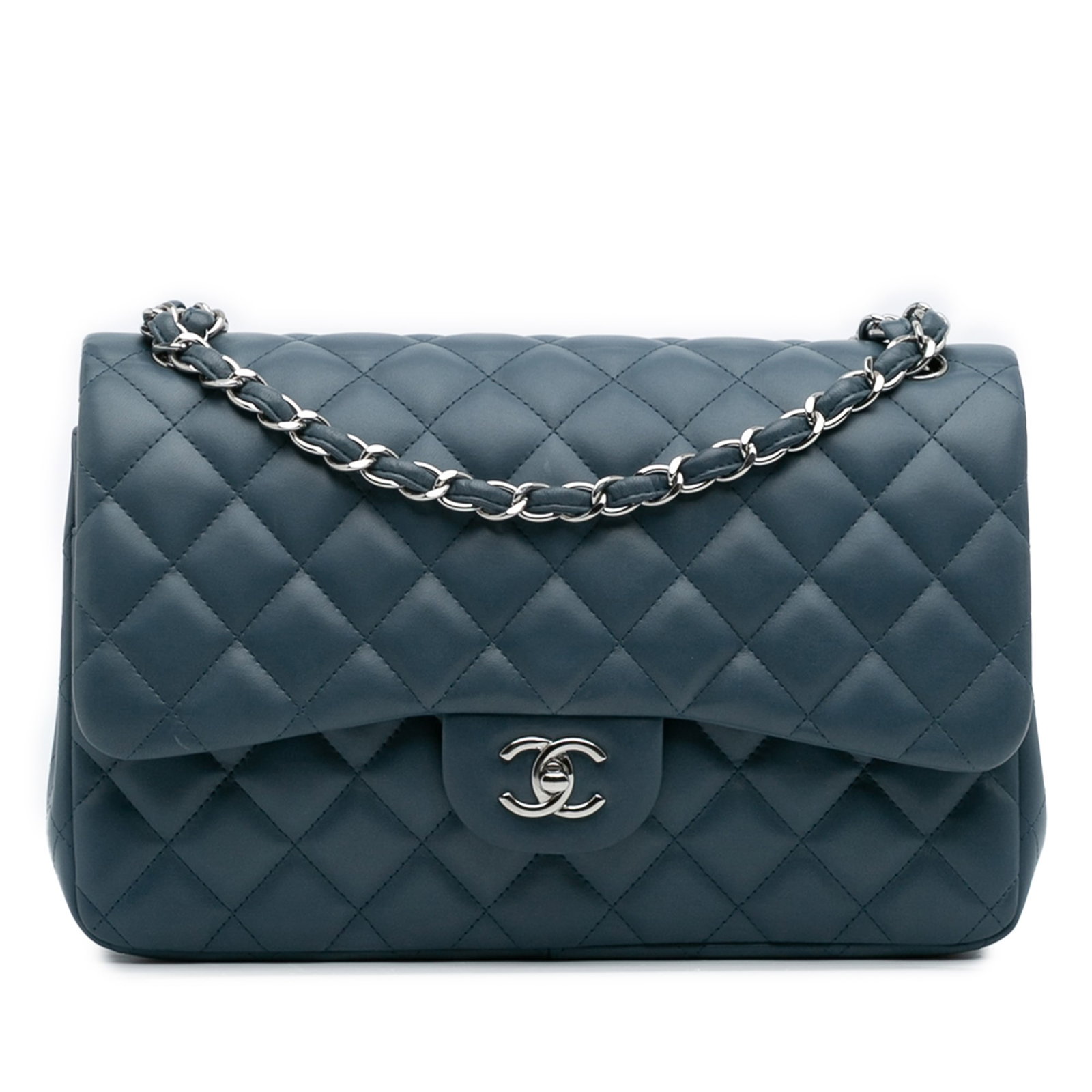 Chanel Jumbo Classic Blue Lambskin Double Flap Shoulder Bag: Chanel Jumbo Classic Blue Lambskin Double Flap Shoulder Bag The Chanel Jumbo Classic Lambskin Double Flap bag is a stunning accessory crafted from quilted lambskin leather in a beautiful blue hue. Thi