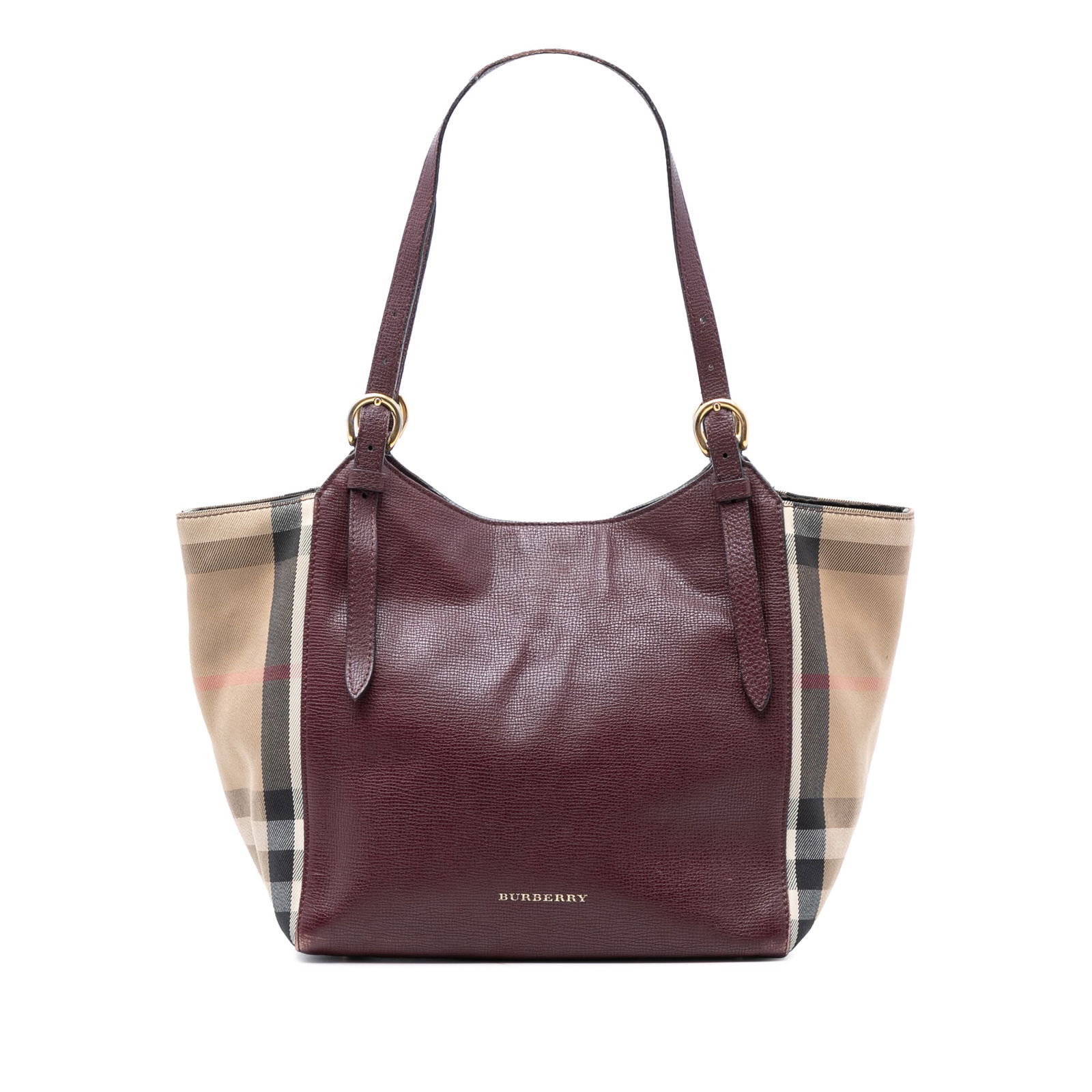 Burberry Canterbury Tote Small Red Leather with House Check Canvas Sides: Burberry Canterbury Tote Small Red Leather with House Check Canvas Sides This Burberry Small Canterbury Tote features a leather body with signature house check canvas side panels, flat leather handles