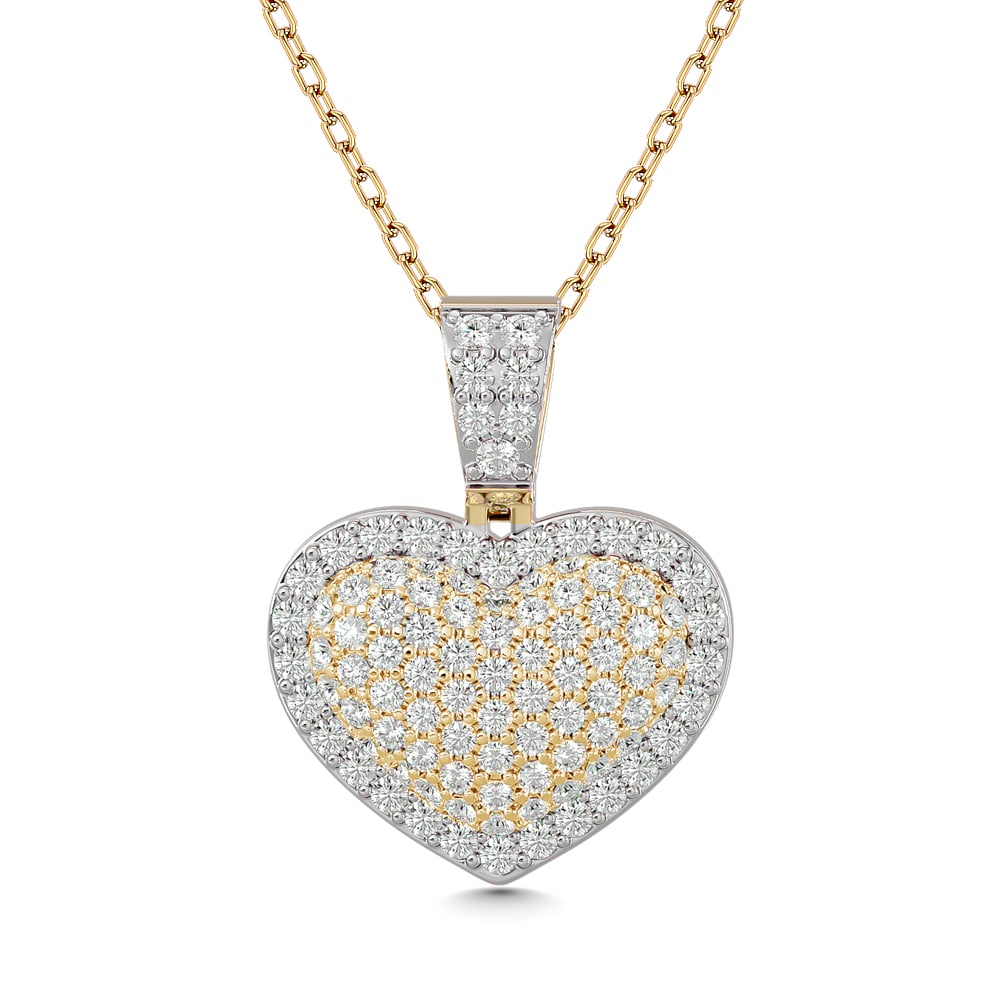 Diamond 1 Ct.tw Heart Pendant in 10K Yellow Gold With White Gold Touch: Diamond 1 Ct.tw Heart Pendant in 10K Yellow Gold With White Gold Touch Wow her with this beautiful heart pendant. Crafted in cool 10K Yellow Gold, this dazzling design features a shimmering round cut