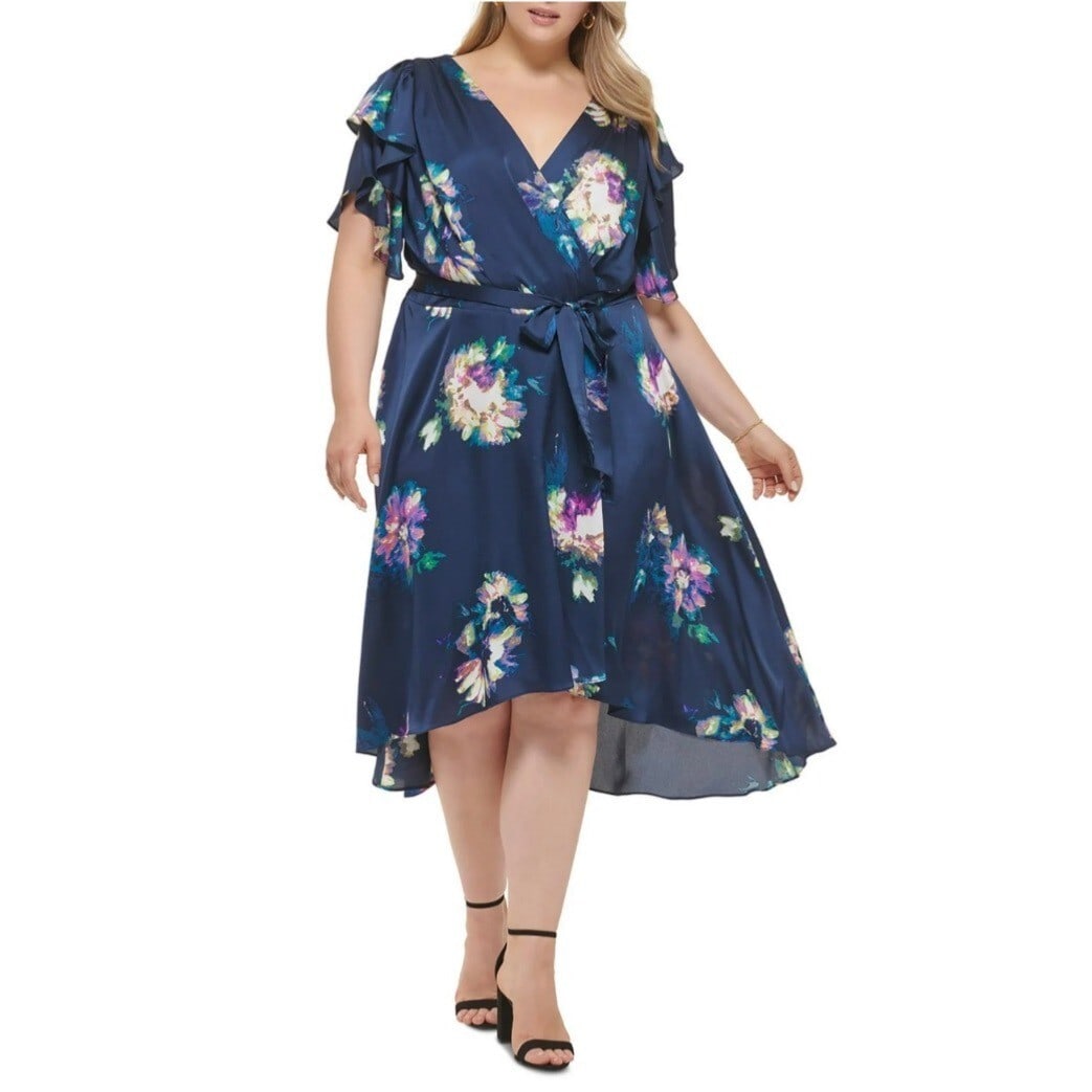 DKNY Women's Plus Size Floral Satin Hi-Low Wrap Dress 22W (1 of 2)