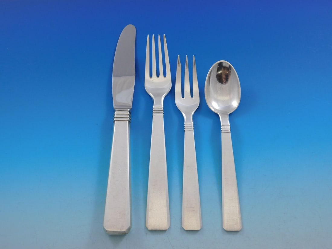 Peter Hertz Blok Sterling Silver 4-Piece Place Setting Mid-Century Modern: Peter Hertz Blok Sterling Silver 4-Piece Place Setting Mid-Century Modern Elevate your dining experience with this exquisite 4-piece place setting from the Blok pattern by Peter Hertz. Crafted from hi
