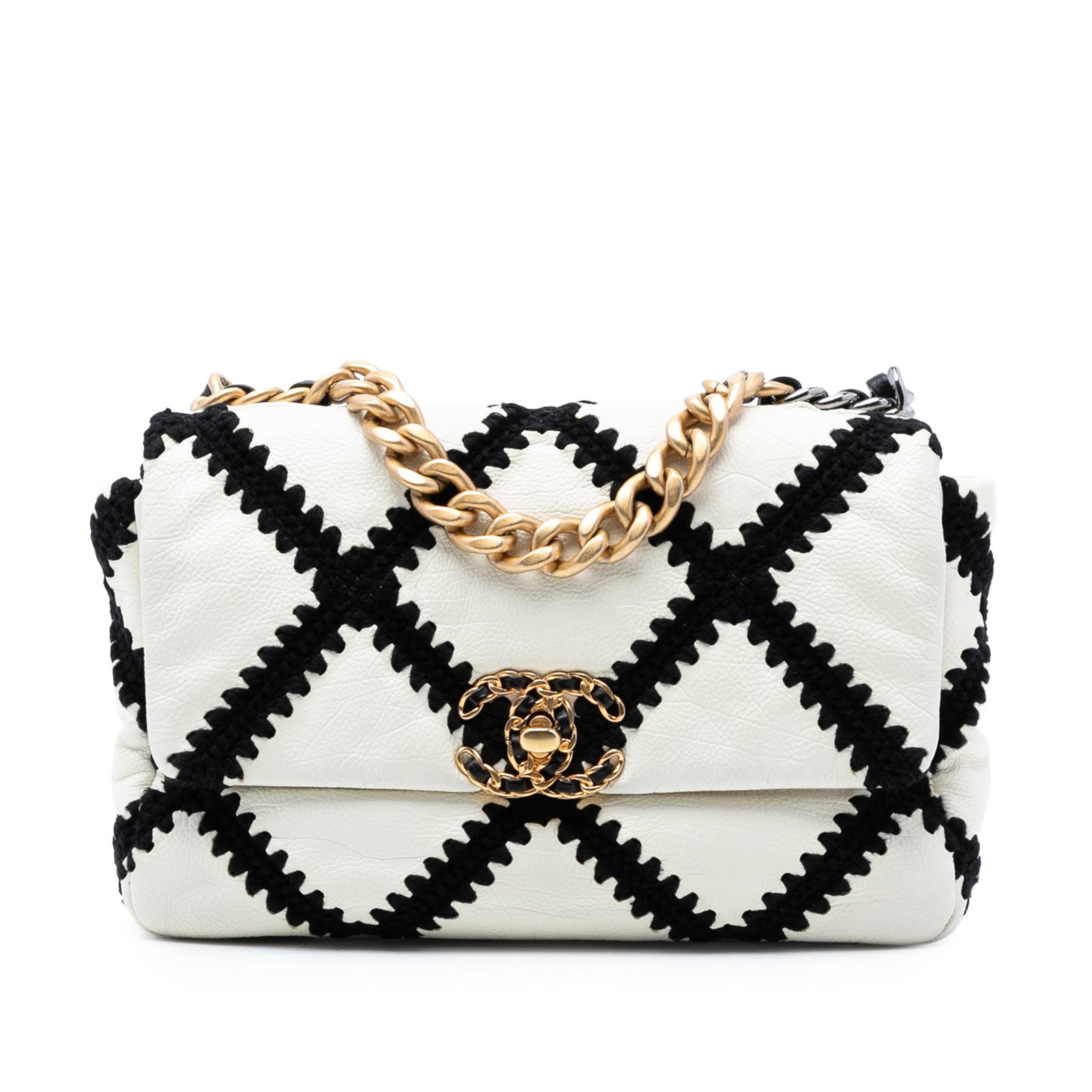 Chanel 19 Flap Shoulder Bag Medium White Crochet Quilted Calf Leather (1 of 7)