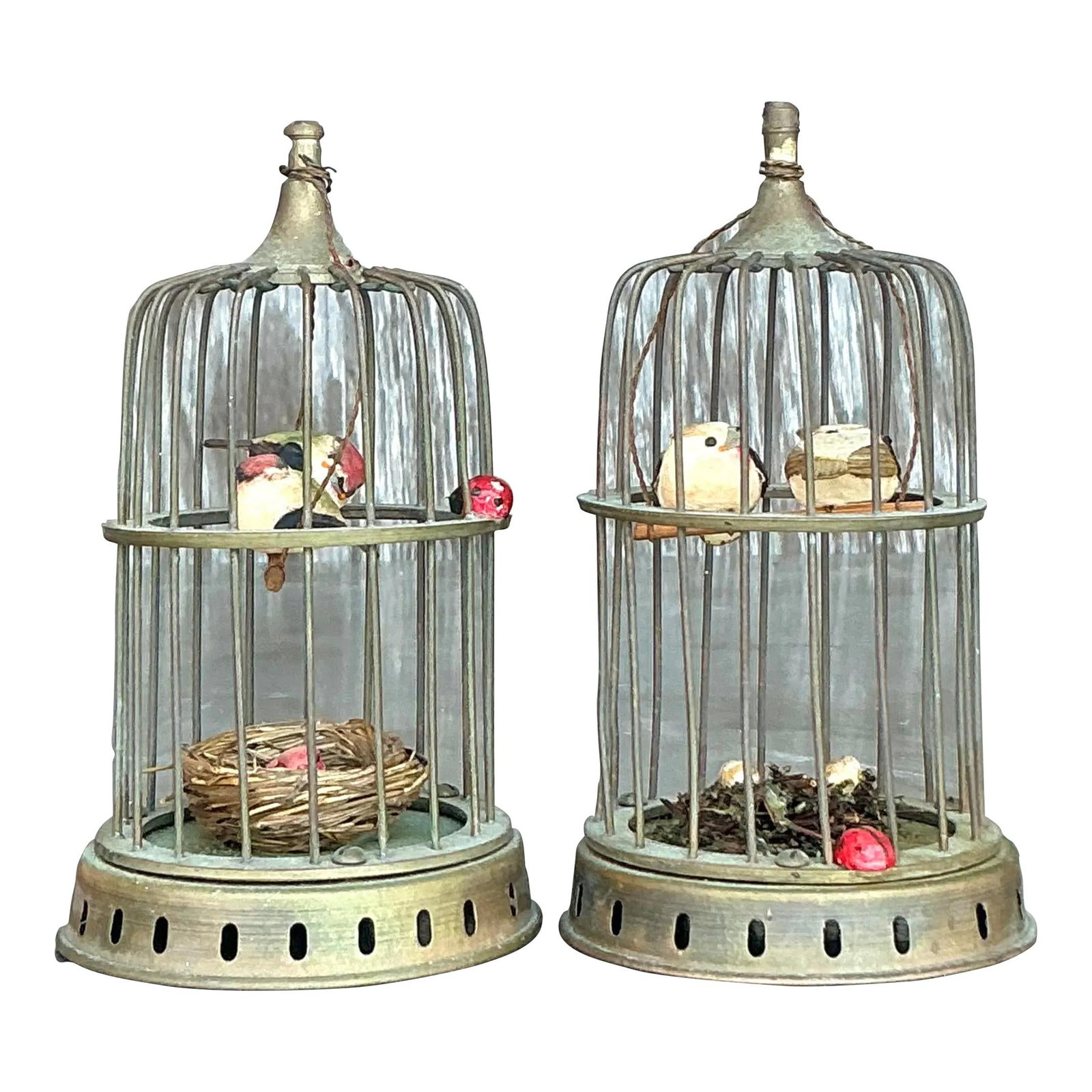 Charming Pair of Vintage Regency Brass Birdcages with Miniature Birds (1 of 9)