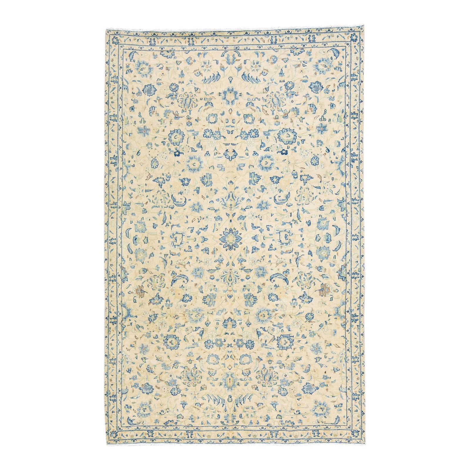 Vintage Persian Distressed Wool Rug 5'6 x 8'8 Floral Ivory: Vintage Persian Distressed Wool Rug 5'6 x 8'8 Floral Ivory Discover the charm of this beautiful vintage Persian rug, featuring a distressed hand-knotted design in a soft ivory color field. Adorned wit