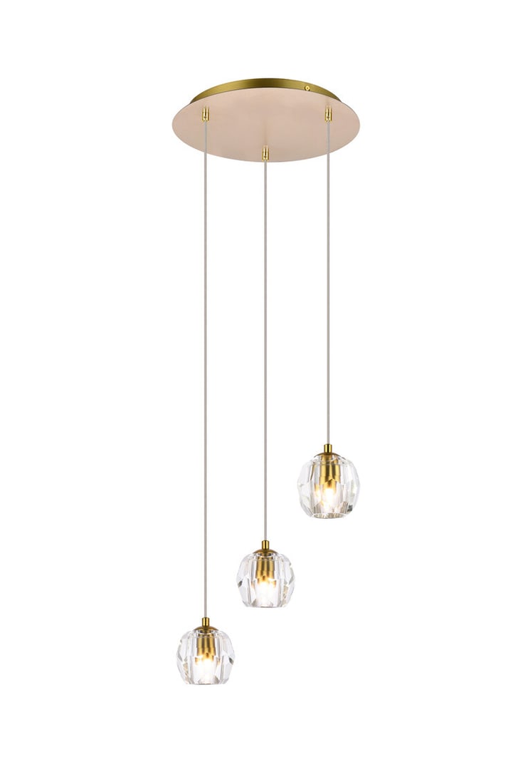 Eren 3-Light Gold Pendant with Crystal Shades for Dining or Foyer: Eren 3-Light Gold Pendant with Crystal Shades for Dining or Foyer This modern pendant chandelier features three lights and a round design with gold and clear crystal finishes. The fixture is construct