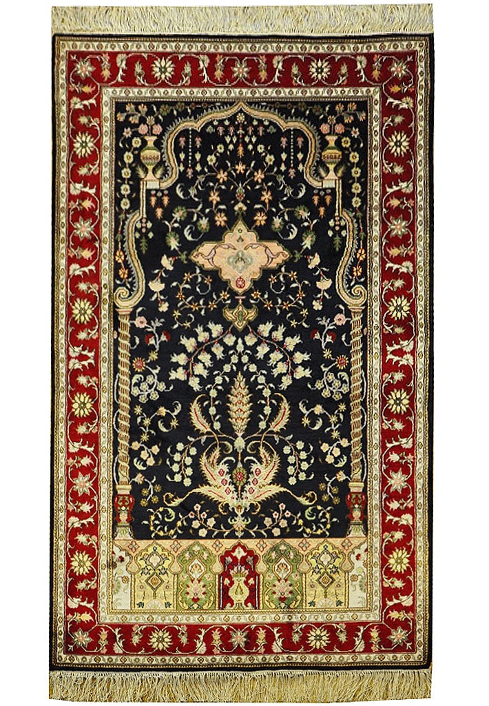 3 x 5 Handmade Silk Rug Black Burgundy Green Gold Traditional Design: 3 x 5 Handmade Silk Rug Black Burgundy Green Gold Traditional Design Free continental US Shipping Transform your living space with this exquisite 3' x 5' Black Silk Handmade Rug. Meticulously crafted