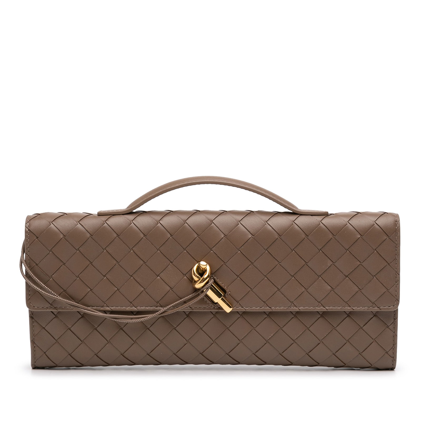 Intrecciato Andiamo Woven Lambskin Brown Clutch with Knot Closure (1 of 9)