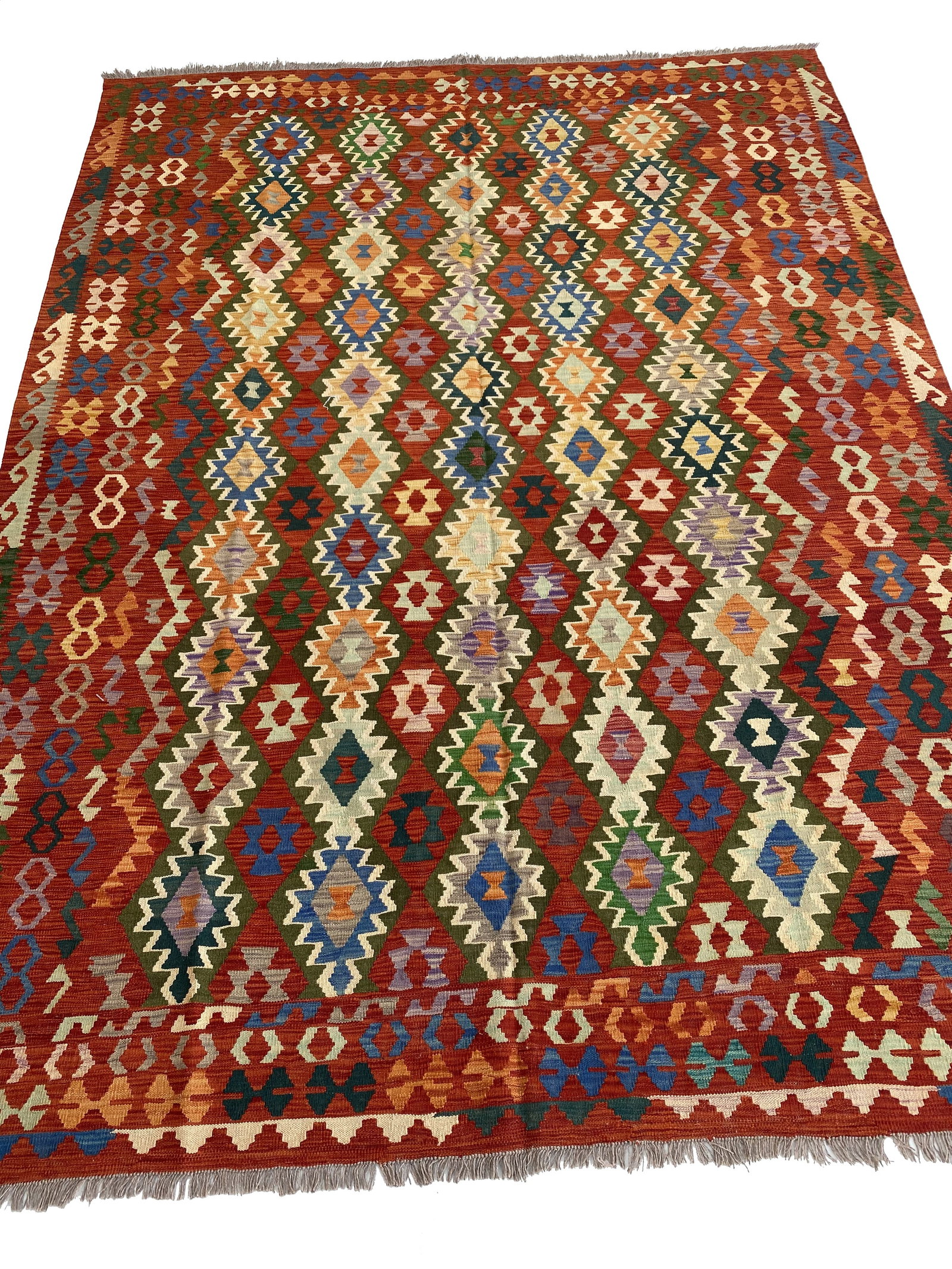 8 x 11 Afghan Multi-Color Handmade Kilim Rug Geometric Design: 8 x 11 Afghan Multi-Color Handmade Kilim Rug Geometric Design Free continental US Shipping Enhance your interior with the stunning 8 x 11 Multi-Color Afghan Kilim Rug, a masterful blend of traditional