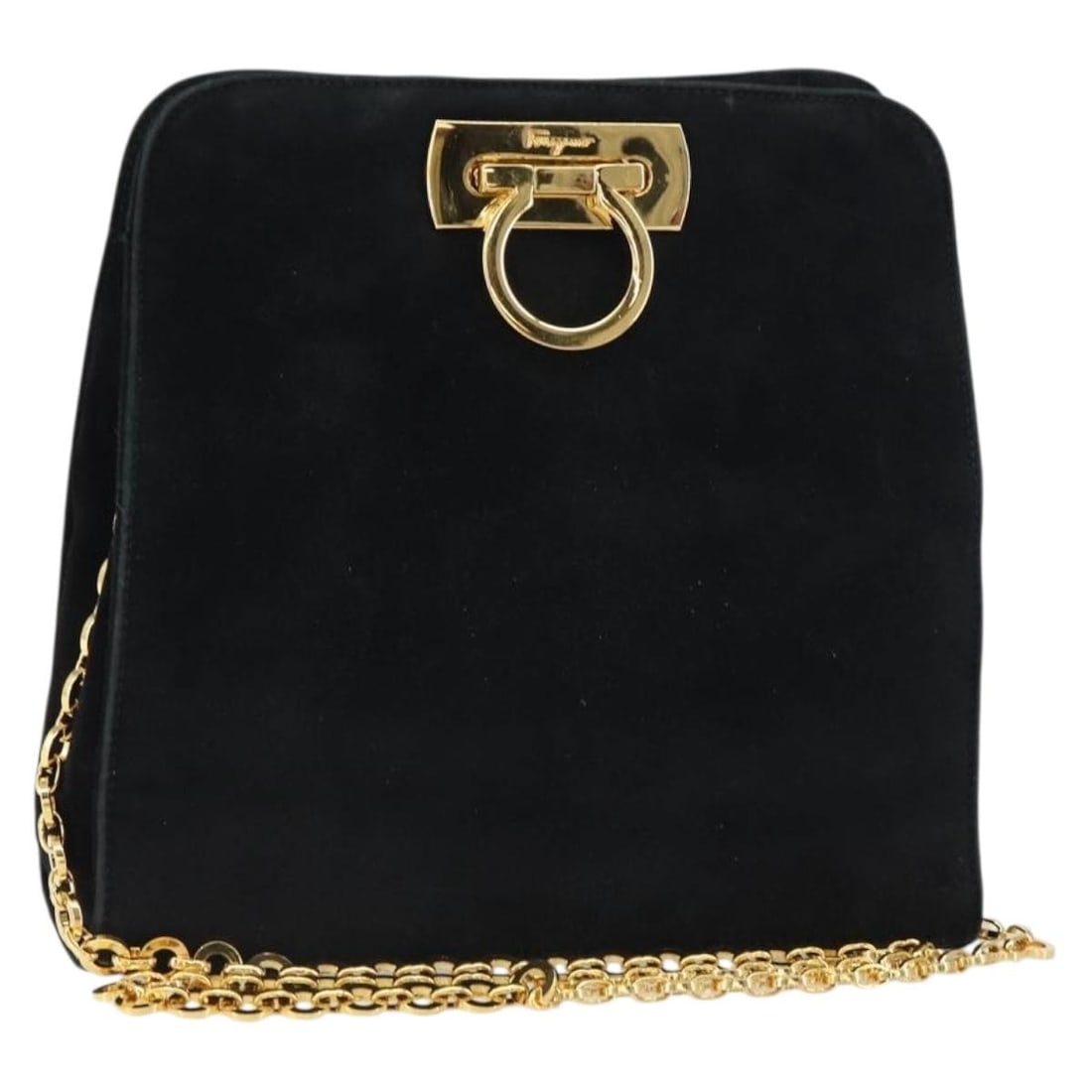 Black Suede Gancini Shoulder Bag by Salvatore Ferragamo with Gold Chain: Black Suede Gancini Shoulder Bag by Salvatore Ferragamo with Gold Chain This Salvatore Ferragamo shoulder bag features a black suede exterior with gold-tone accents and a signature chain Gancini detai