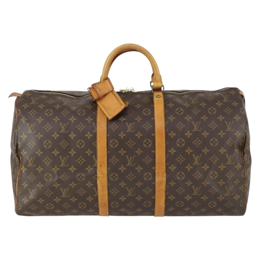 Louis Vuitton Monogram Keepall Canvas Travel Bag 55cm: Louis Vuitton Monogram Keepall Canvas Travel Bag 55cm This Louis Vuitton Keepall bag features the iconic Monogram canvas in brown, designed for unisex use. The bag shows signs of wear, including surfa