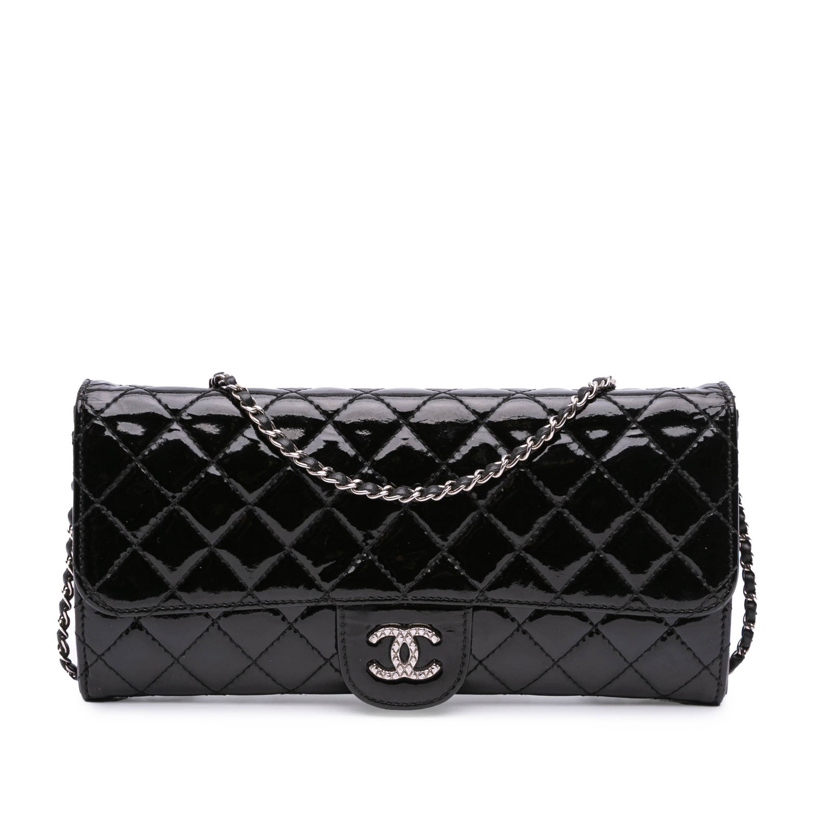 Chanel Patent Leather Quilted East West Chain Wallet Crossbody Bag: Chanel Patent Leather Quilted East West Chain Wallet Crossbody Bag This Chanel CC Quilted Patent Brilliant East West Wallet On Chain is crafted from black quilted patent leather and features a woven l