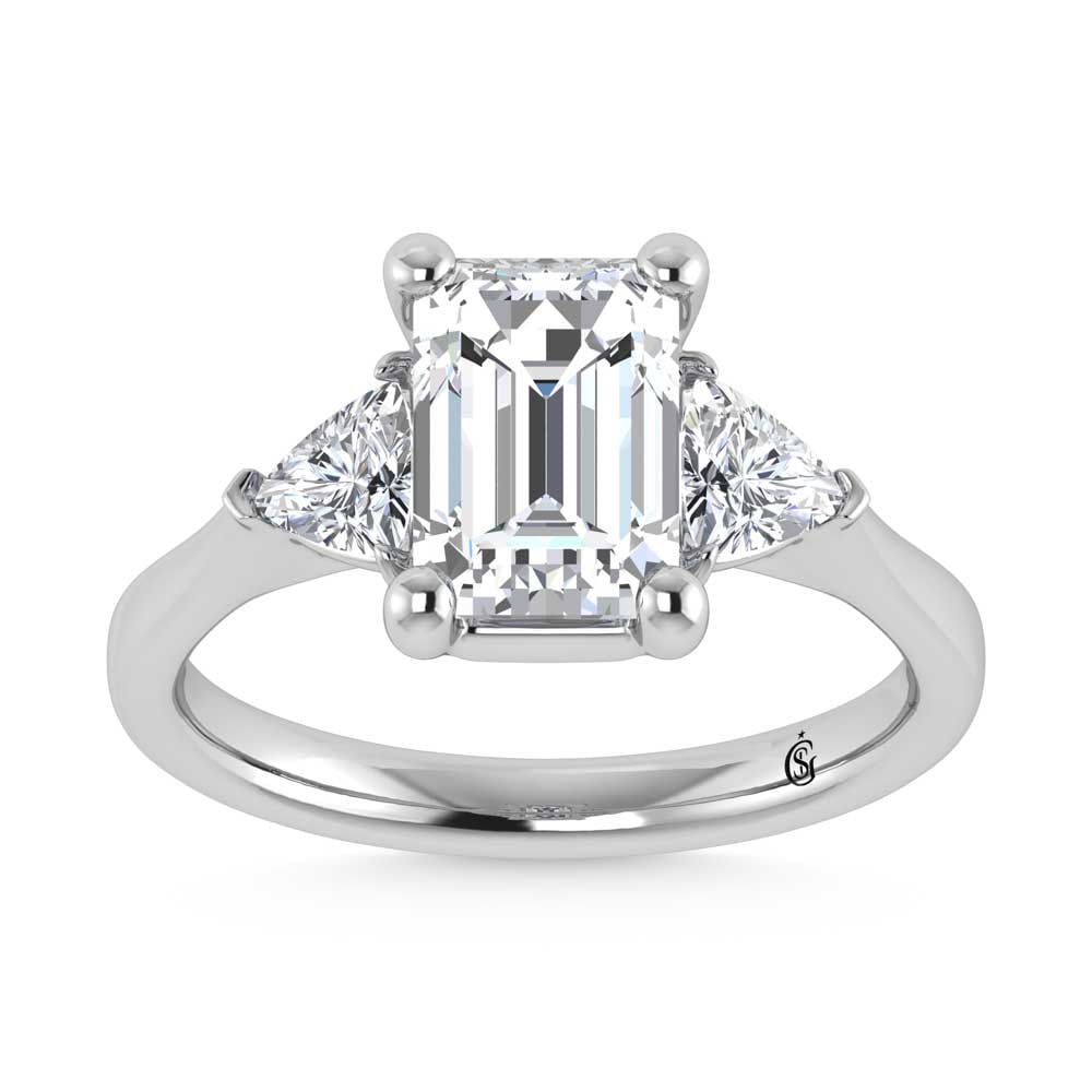 14K White Gold Lab Grown Diamond 2 5/8 Ct.Tw. Emerald Shape Three Stone Engagement Ring: 14K White Gold Lab Grown Diamond 2 5/8 Ct.Tw. Emerald Shape Three Stone Engagement Ring This stunning three-stone ring features a sparkling 2 CT Emerald Center diamond with two shimmering side diamond