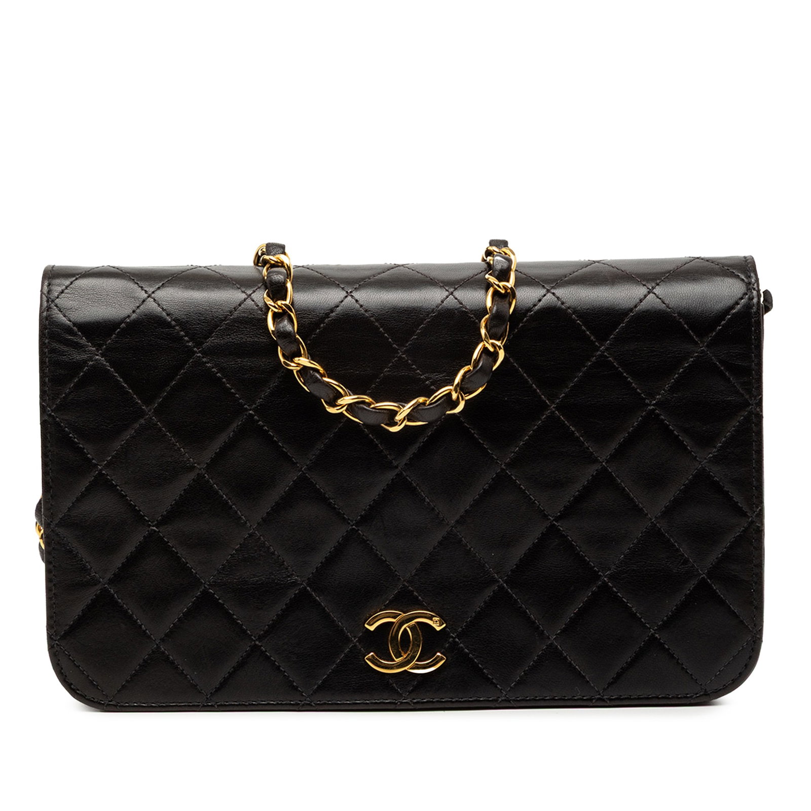 Chanel Black Quilted Lambskin Leather Crossbody with Full Flap and Chain Strap: Chanel Black Quilted Lambskin Leather Crossbody with Full Flap and Chain Strap This Chanel CC Quilted Lambskin Full Flap crossbody bag features a quilted lambskin leather exterior in black, a leather-