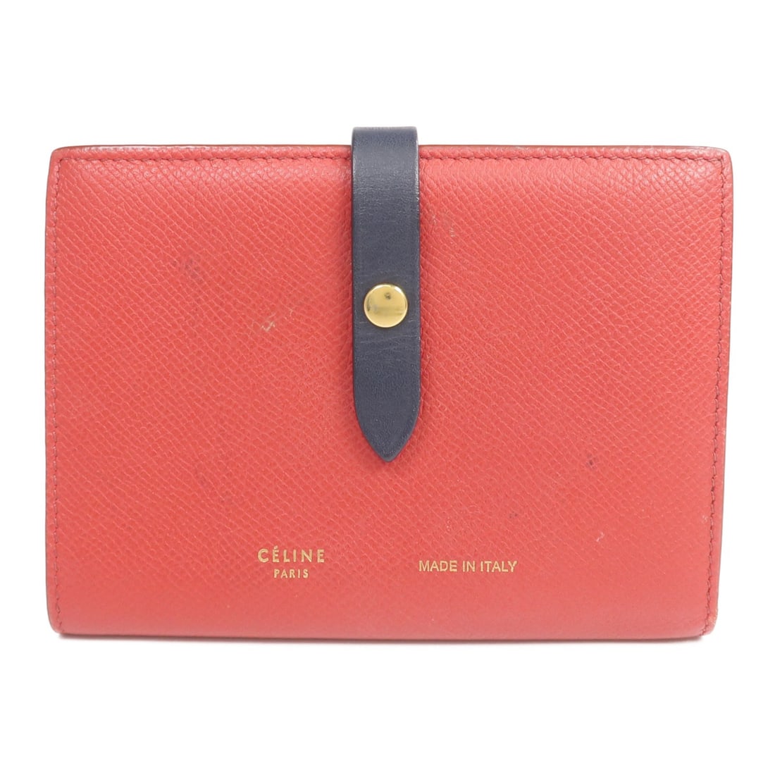 Celine Bi-Fold Calfskin Wallet Red with Gold Hardware: Celine Bi-Fold Calfskin Wallet Red with Gold Hardware This CELINE bi-fold wallet is crafted from calfskin leather in a striking red hue. Designed for women, it features a classic bi-fold style with re