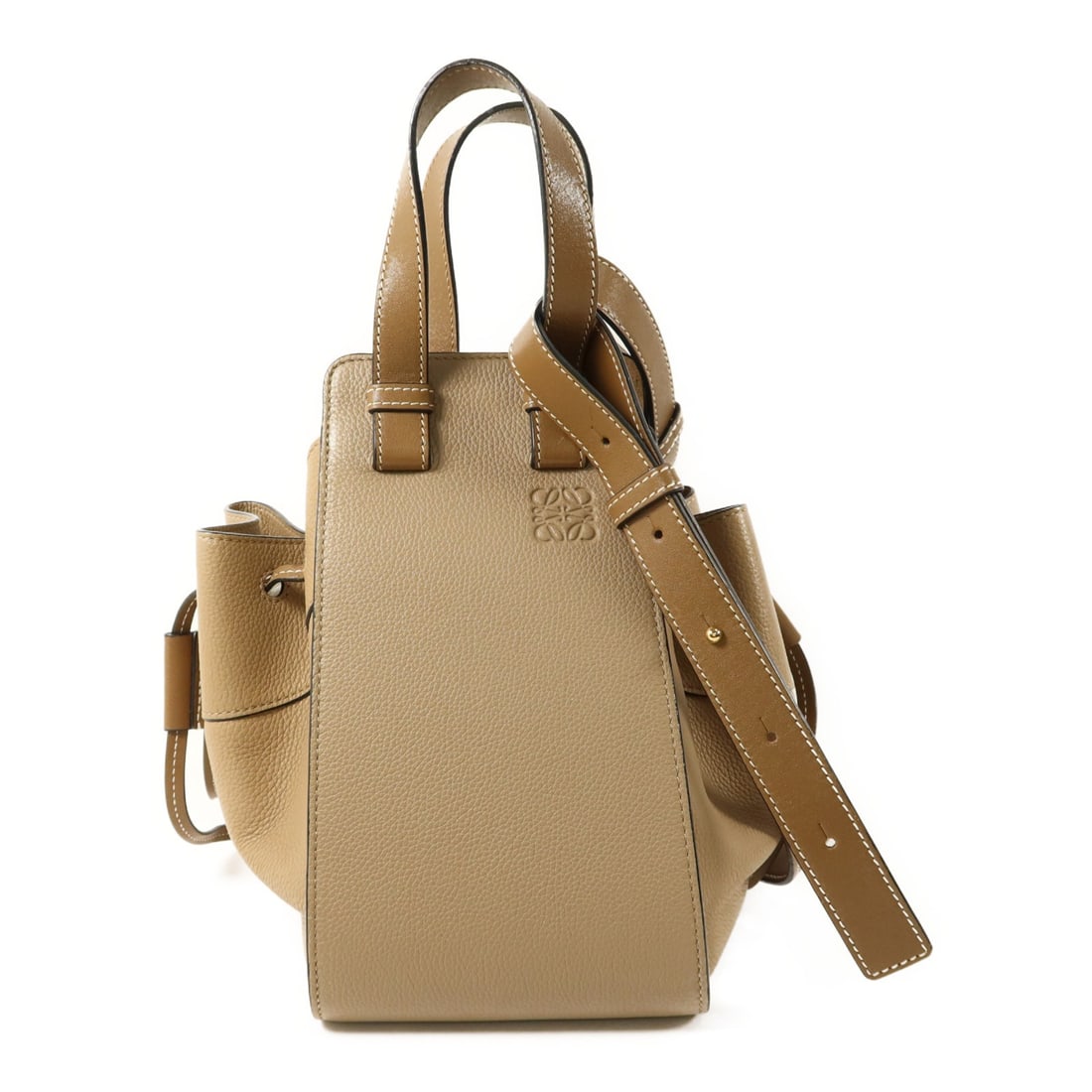 Loewe Hammock Gray Calfskin Convertible Shoulder Bag with Gold Hardware: Loewe Hammock Gray Calfskin Convertible Shoulder Bag with Gold Hardware This LOEWE Hammock 2 Way Shoulder Bag is crafted from gray calfskin leather and features a versatile design for shoulder or hand