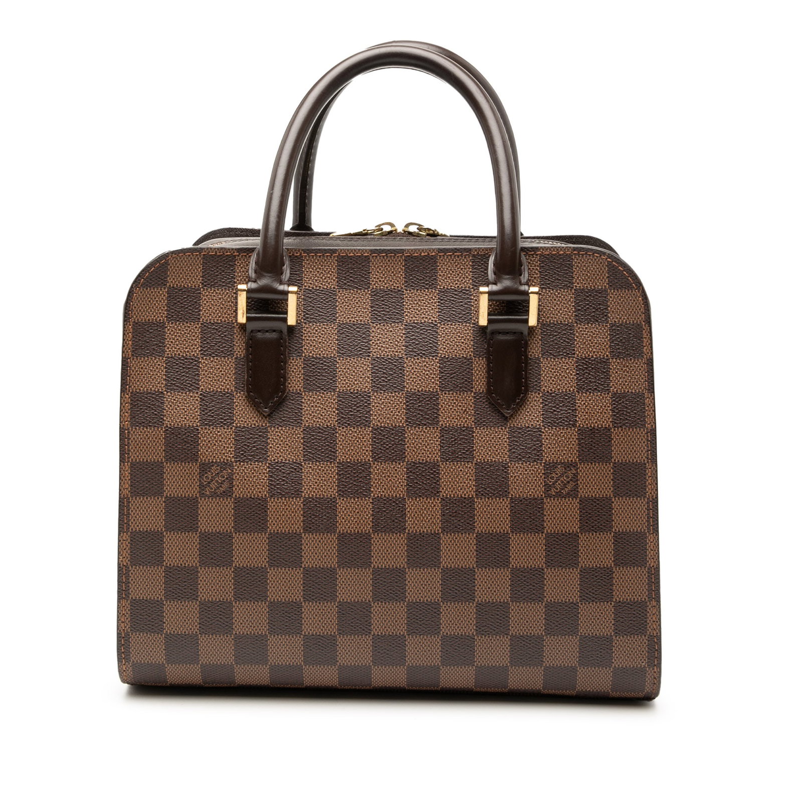 Louis Vuitton Triana Damier Ebene Canvas Brown Handbag with Leather Trim: Louis Vuitton Triana Damier Ebene Canvas Brown Handbag with Leather Trim The Louis Vuitton Damier Ebene Triana features a brown damier ebene canvas body with leather trim and rolled leather handles. I