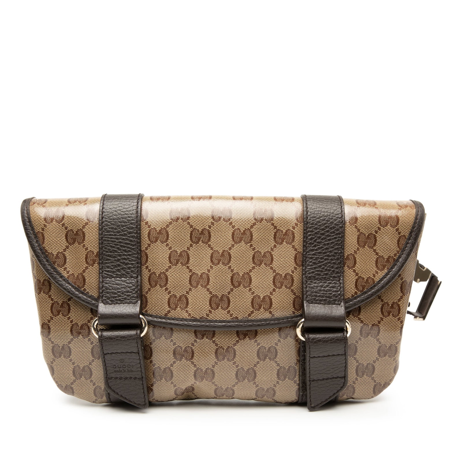 Gucci GG Crystal Coated Canvas Beige Belt Bag: Gucci GG Crystal Coated Canvas Beige Belt Bag This Gucci GG Crystal Belt Bag features a beige coated canvas body, a flat adjustable belt strap, a top flap with strap and touch fastener closure, and an