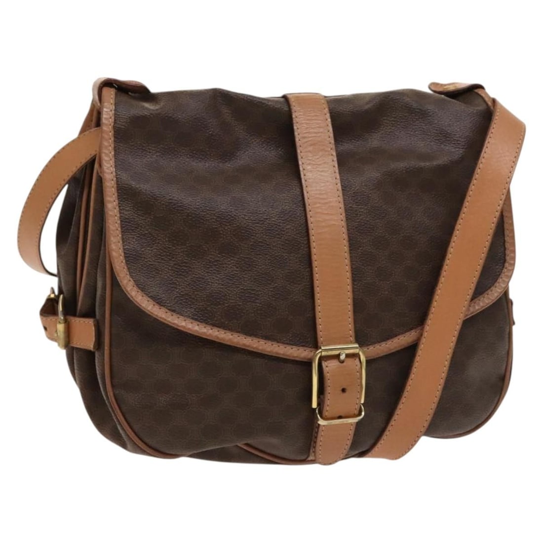 Celine Macadam Brown PVC Canvas Shoulder Bag for Women: Celine Macadam Brown PVC Canvas Shoulder Bag for Women This Celine Macadam Shoulder Bag is crafted from durable PVC and canvas in a classic brown color. Designed for women, it features the iconic Celi